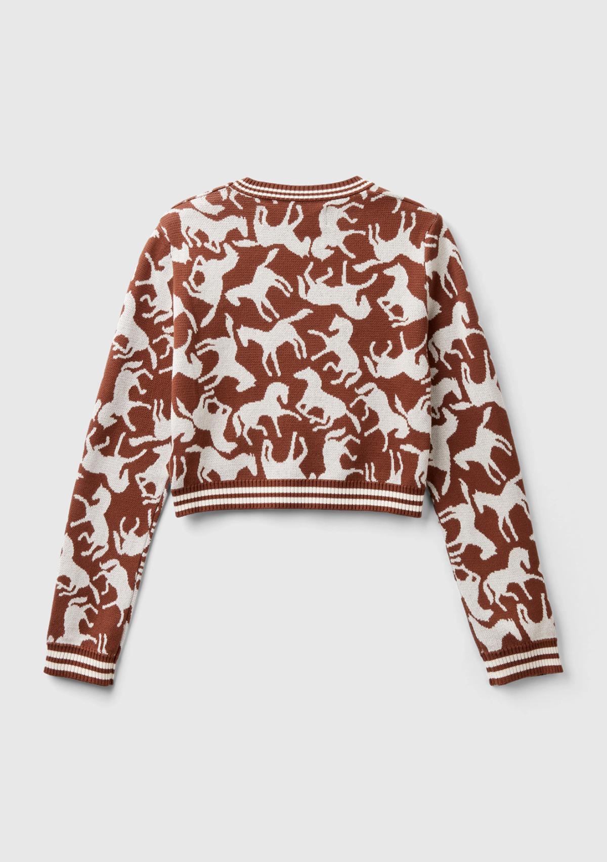 Kadın Kahverengi %100 Koton At Desenli Crop Kazak