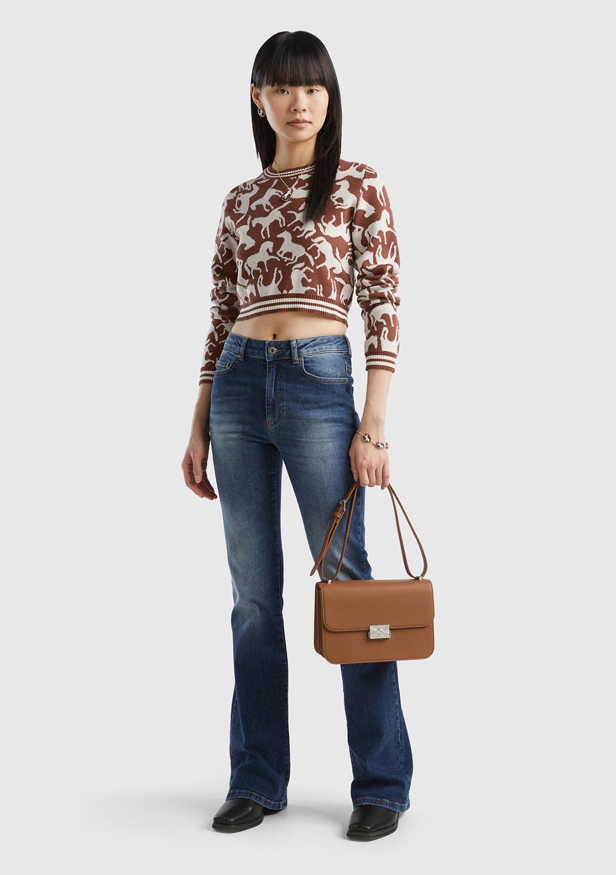 Kadın Kahverengi %100 Koton At Desenli Crop Kazak