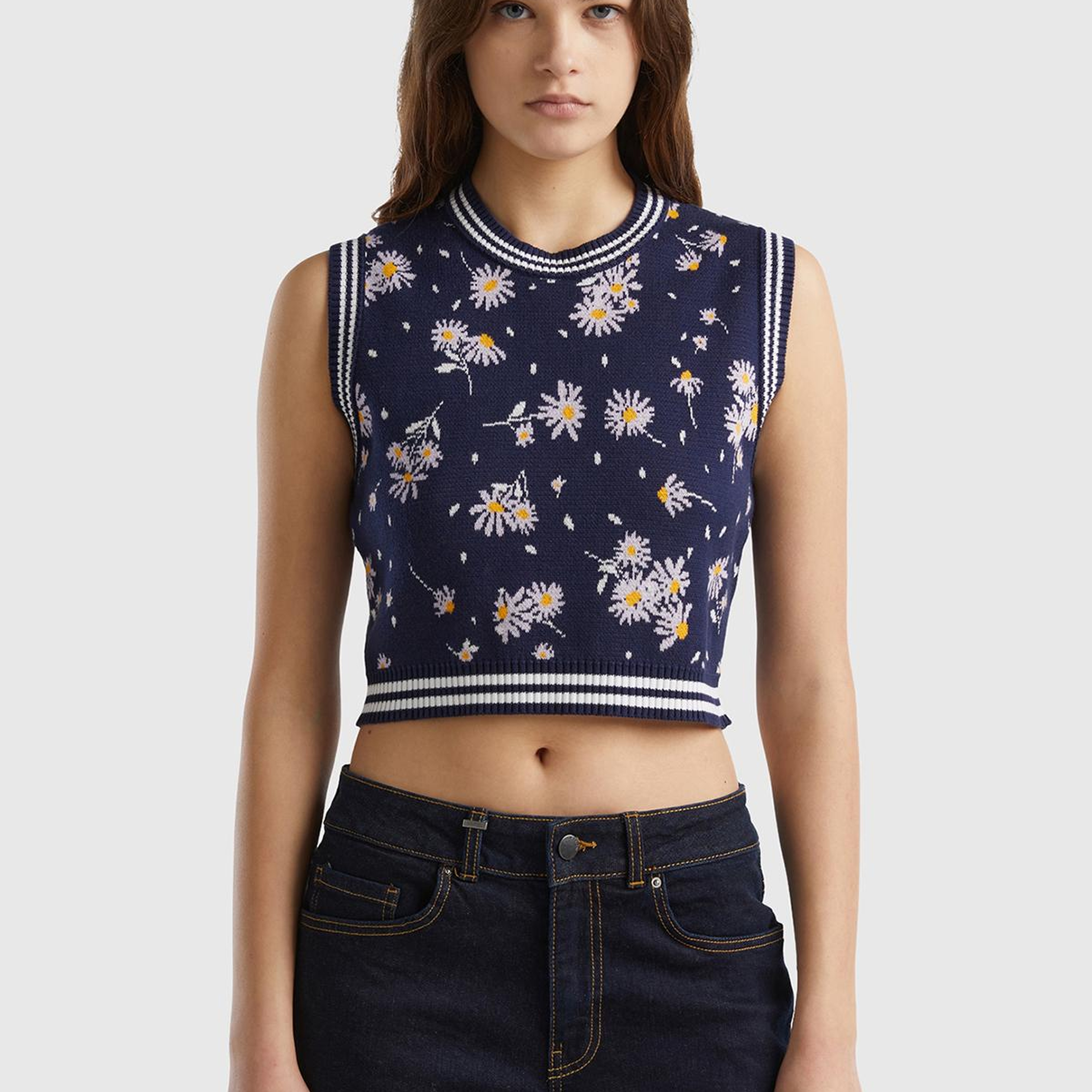 Kadın Koyu Lacivert %100 Pamuk Çiçek Desenli Bisiklet Yaka Crop Süveter