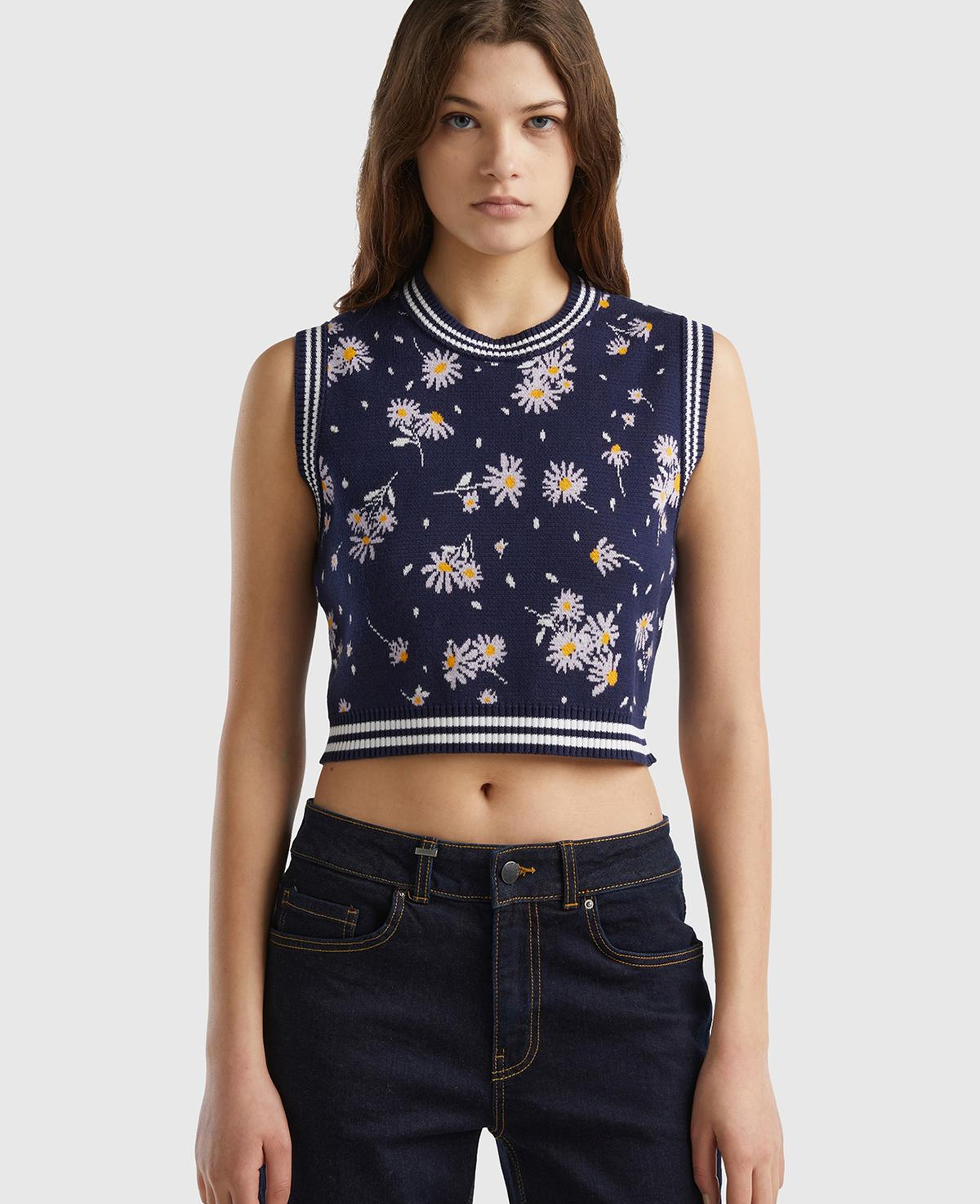 Kadın Koyu Lacivert %100 Pamuk Çiçek Desenli Bisiklet Yaka Crop Süveter