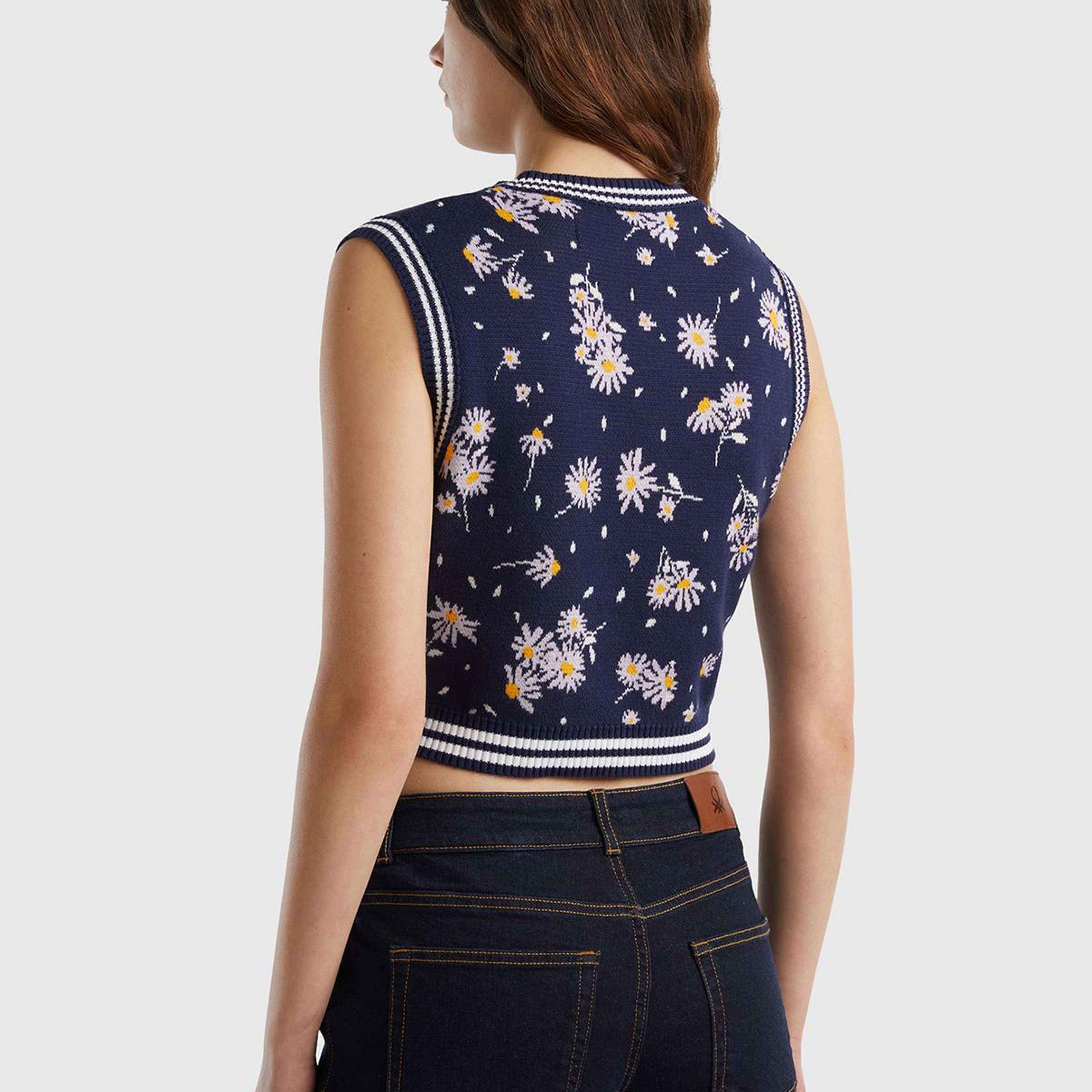 Kadın Koyu Lacivert %100 Pamuk Çiçek Desenli Bisiklet Yaka Crop Süveter