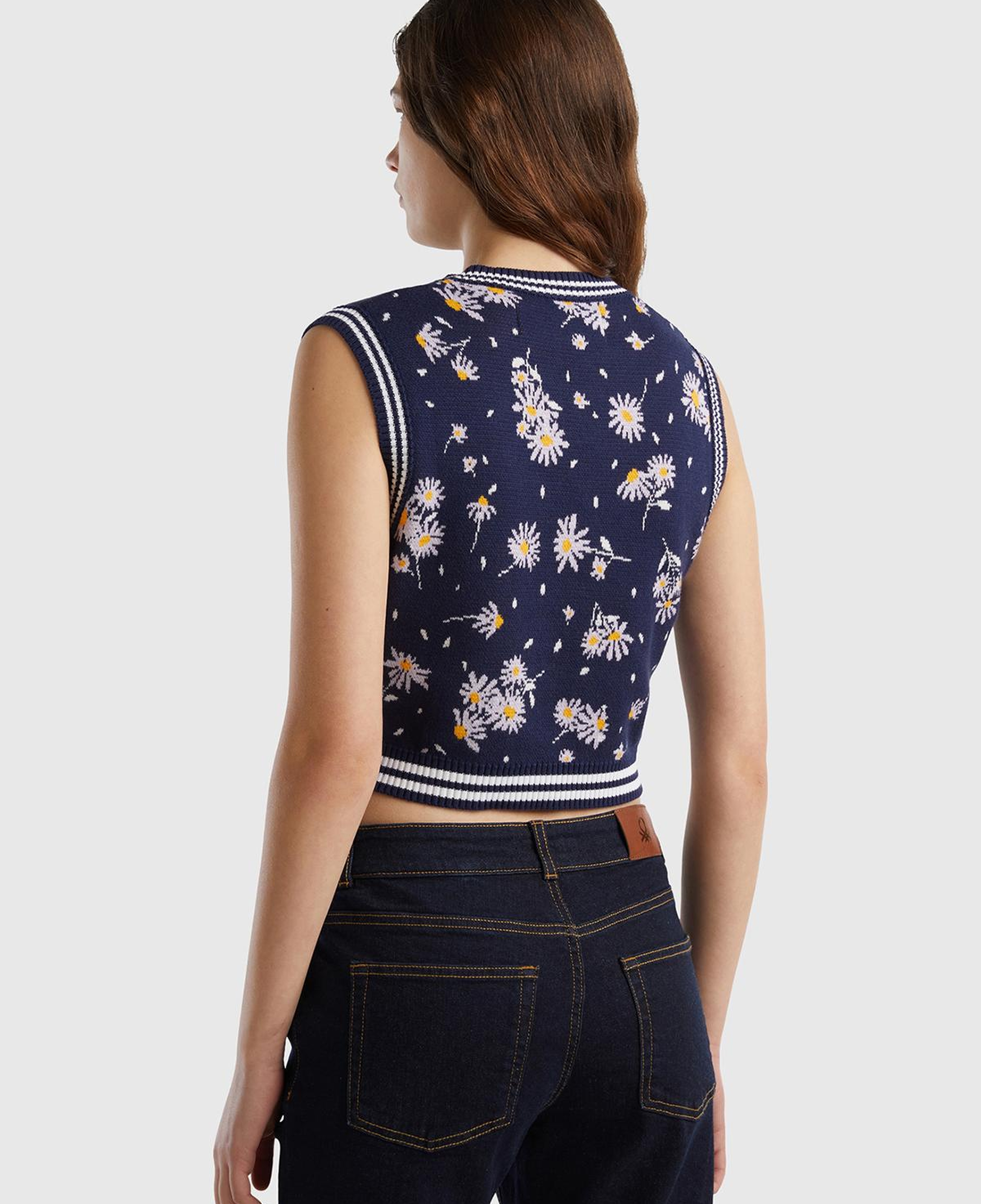 Kadın Koyu Lacivert %100 Pamuk Çiçek Desenli Bisiklet Yaka Crop Süveter