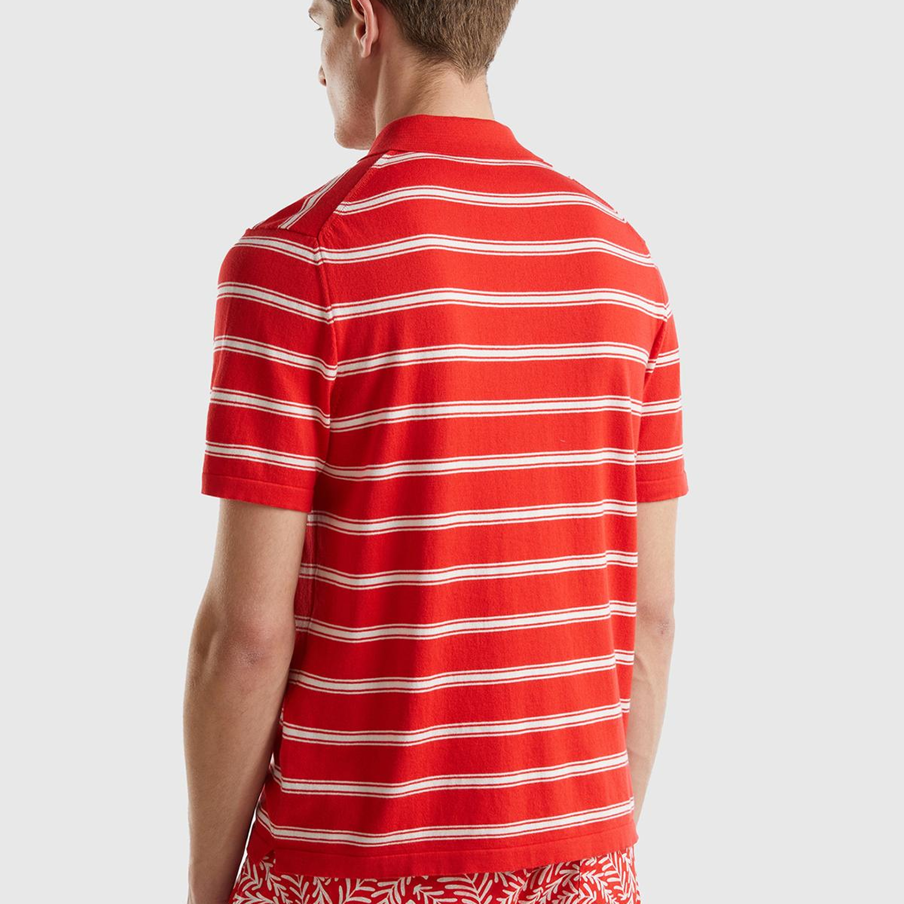 Erkek Kırmızı %100 Pamuk Çizgili 3 Düğmeli Polo Yaka Triko T-Shirt