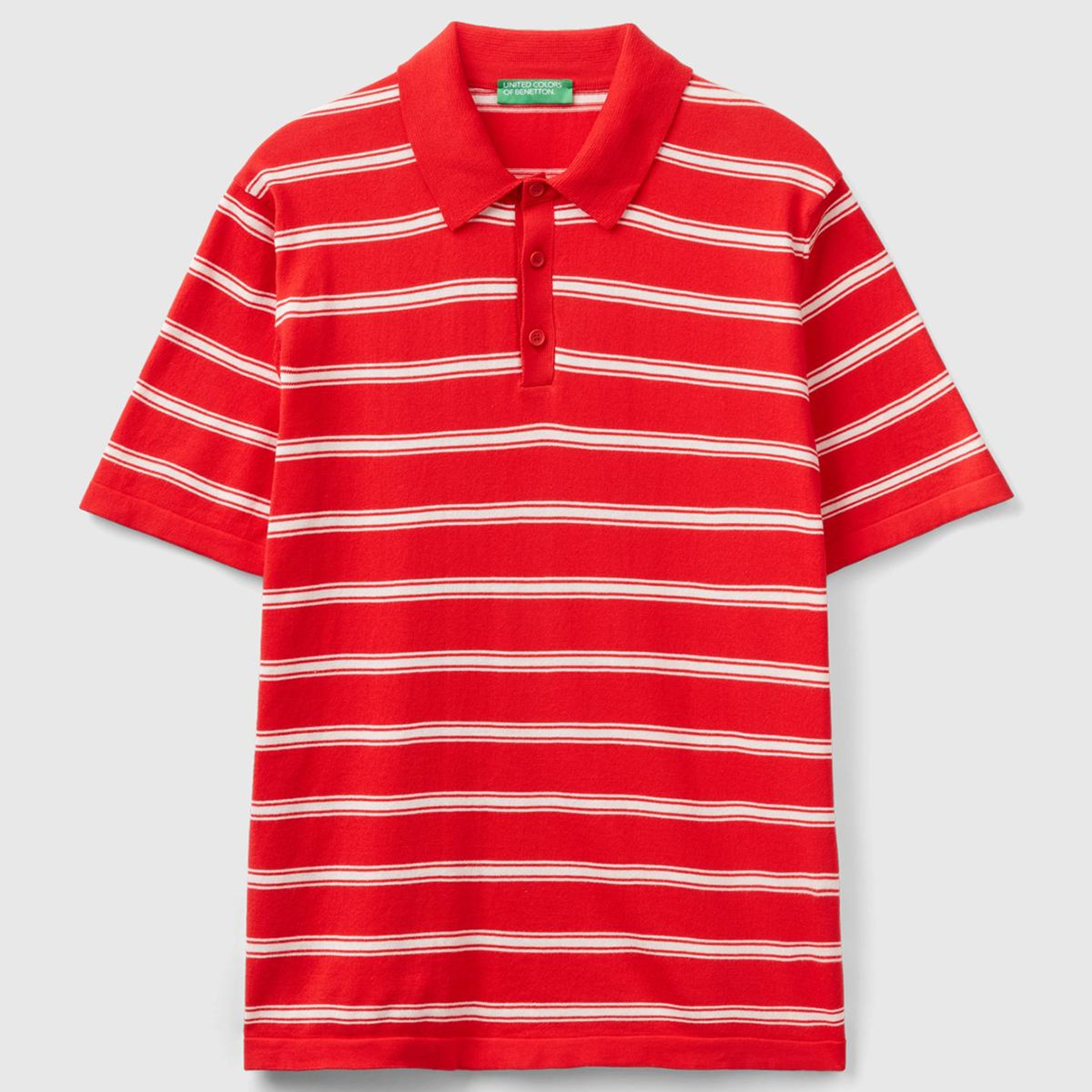 Erkek Kırmızı %100 Pamuk Çizgili 3 Düğmeli Polo Yaka Triko T-Shirt