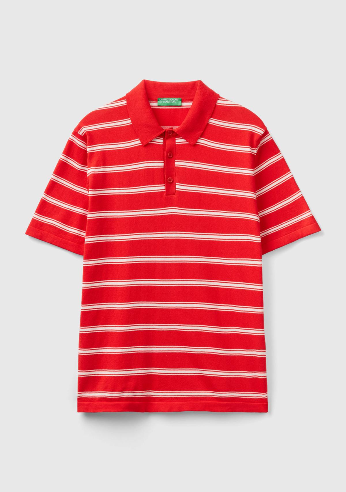 Erkek Kırmızı %100 Pamuk Çizgili 3 Düğmeli Polo Yaka Triko T-Shirt