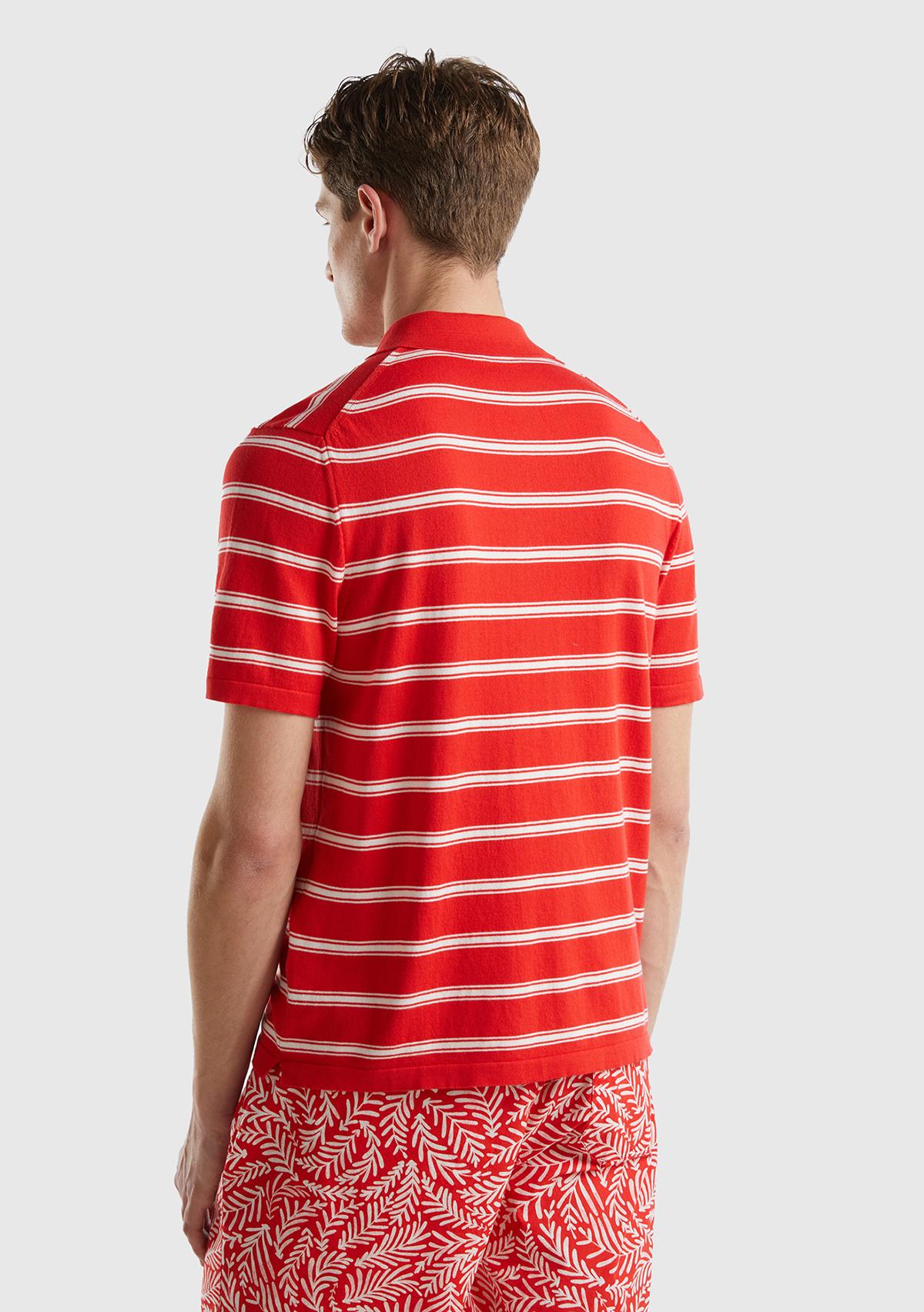 Erkek Kırmızı %100 Pamuk Çizgili 3 Düğmeli Polo Yaka Triko T-Shirt