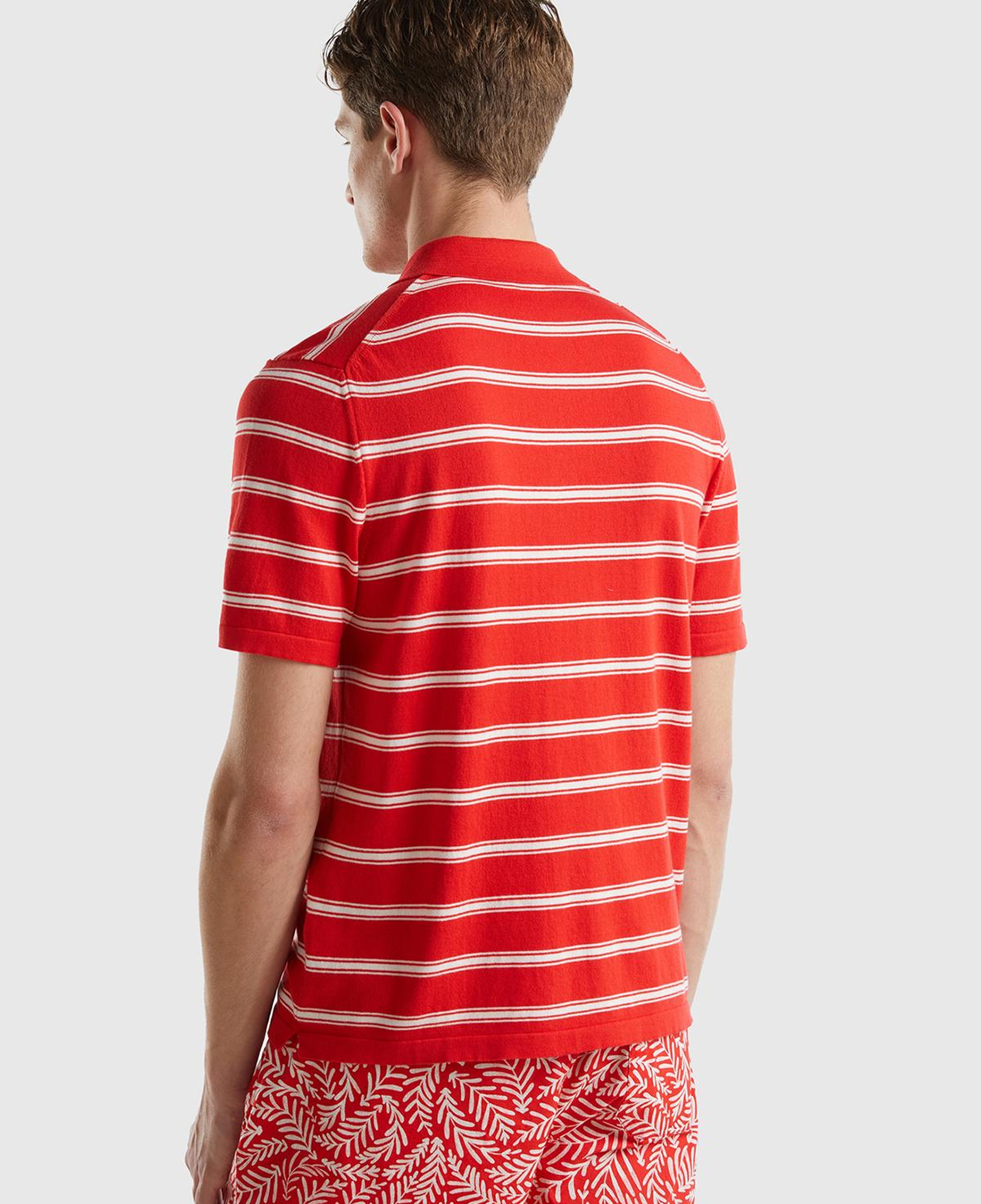 Erkek Kırmızı %100 Pamuk Çizgili 3 Düğmeli Polo Yaka Triko T-Shirt