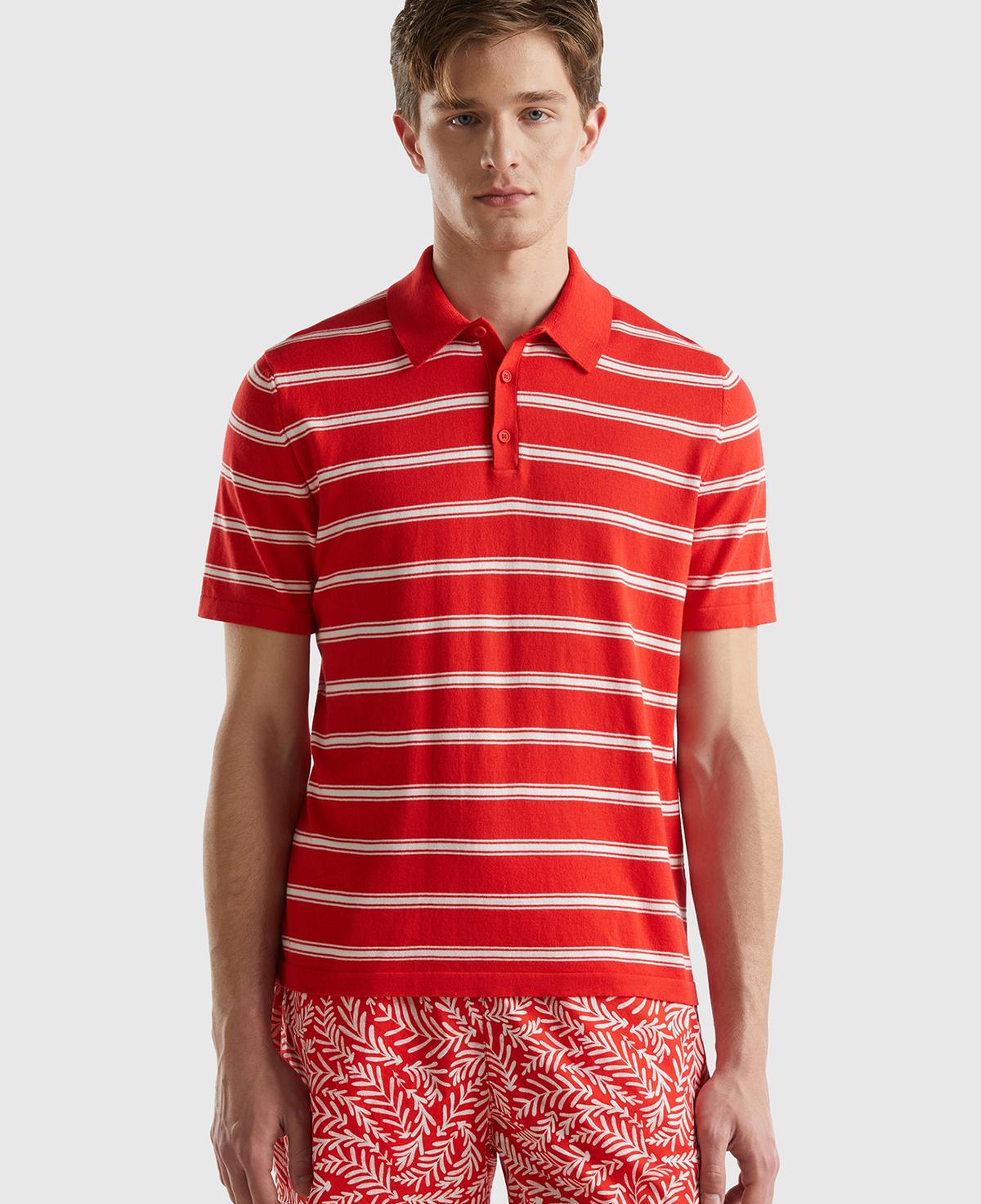 Erkek Kırmızı %100 Pamuk Çizgili 3 Düğmeli Polo Yaka Triko T-Shirt