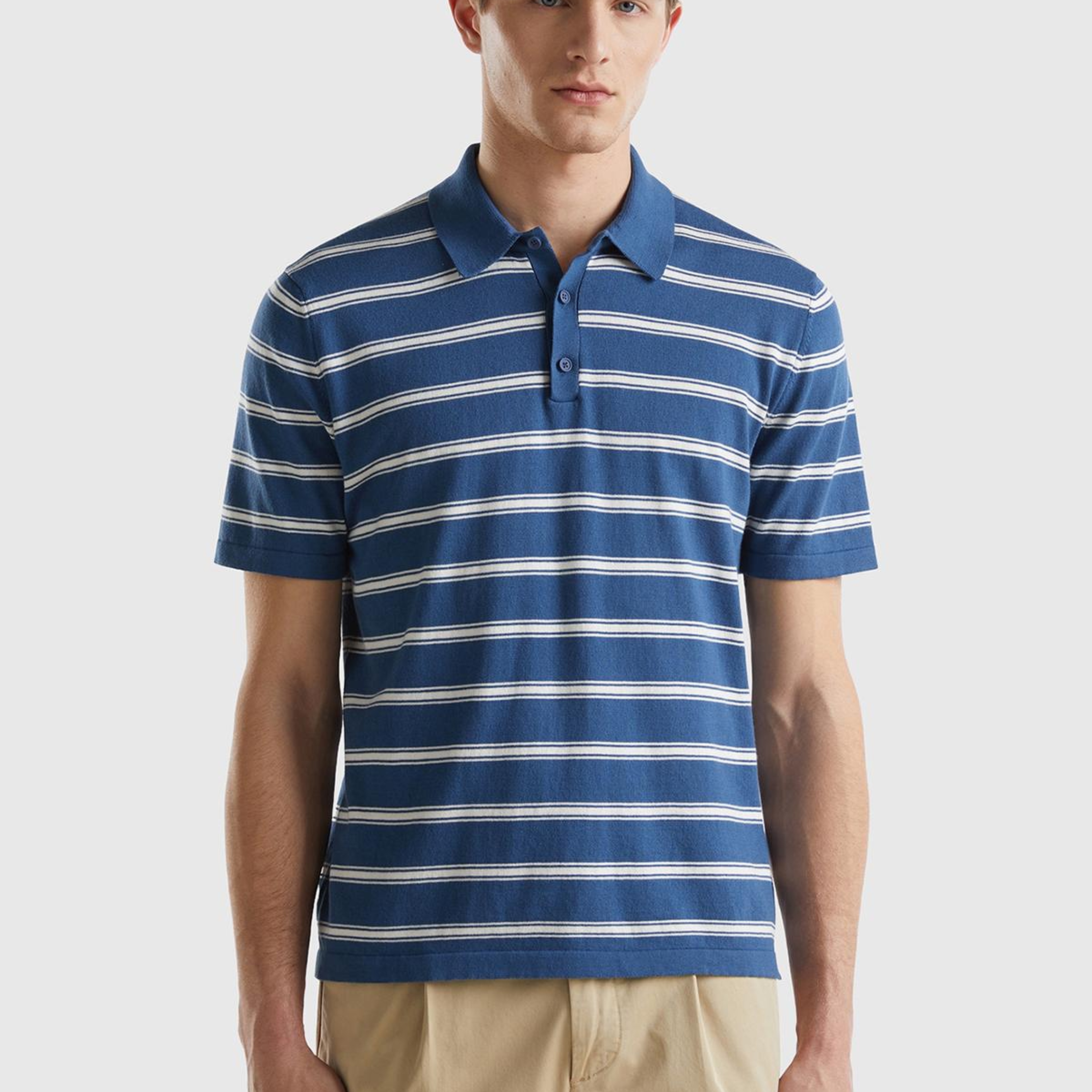 Erkek Gece Mavisi %100 Pamuk Çizgili 3 Düğmeli Polo Yaka Triko T-Shirt