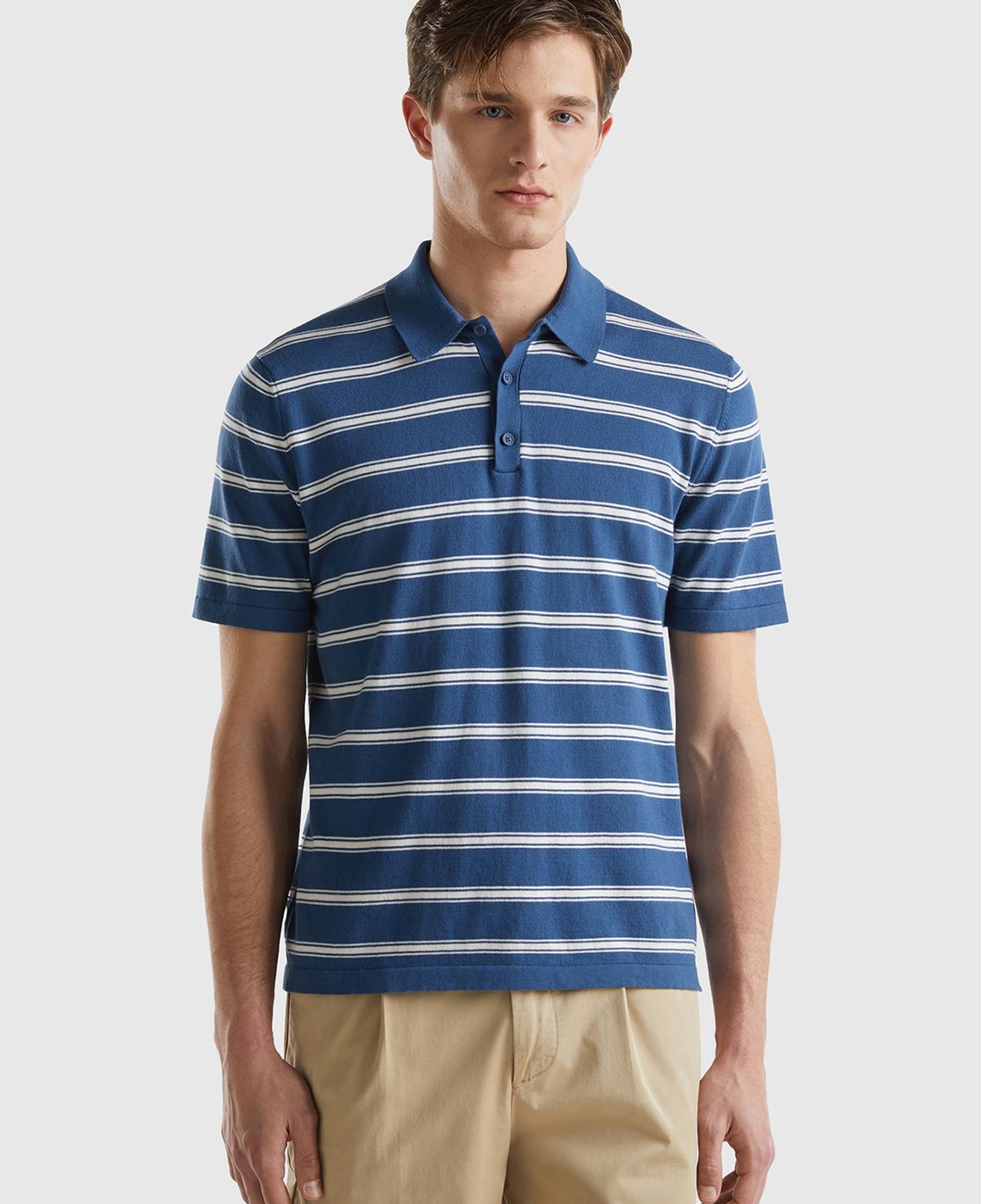 Erkek Gece Mavisi %100 Pamuk Çizgili 3 Düğmeli Polo Yaka Triko T-Shirt