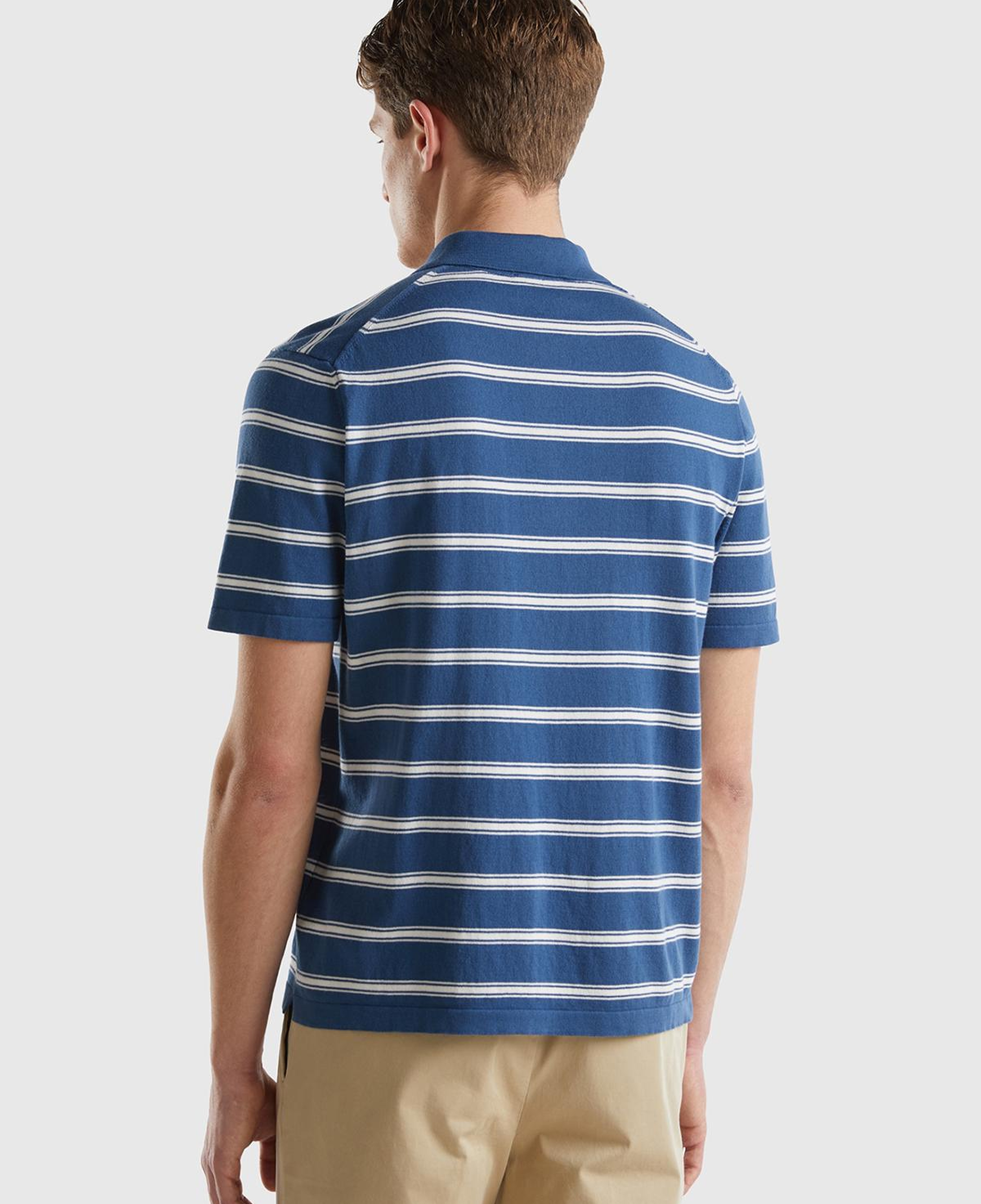 Erkek Gece Mavisi %100 Pamuk Çizgili 3 Düğmeli Polo Yaka Triko T-Shirt