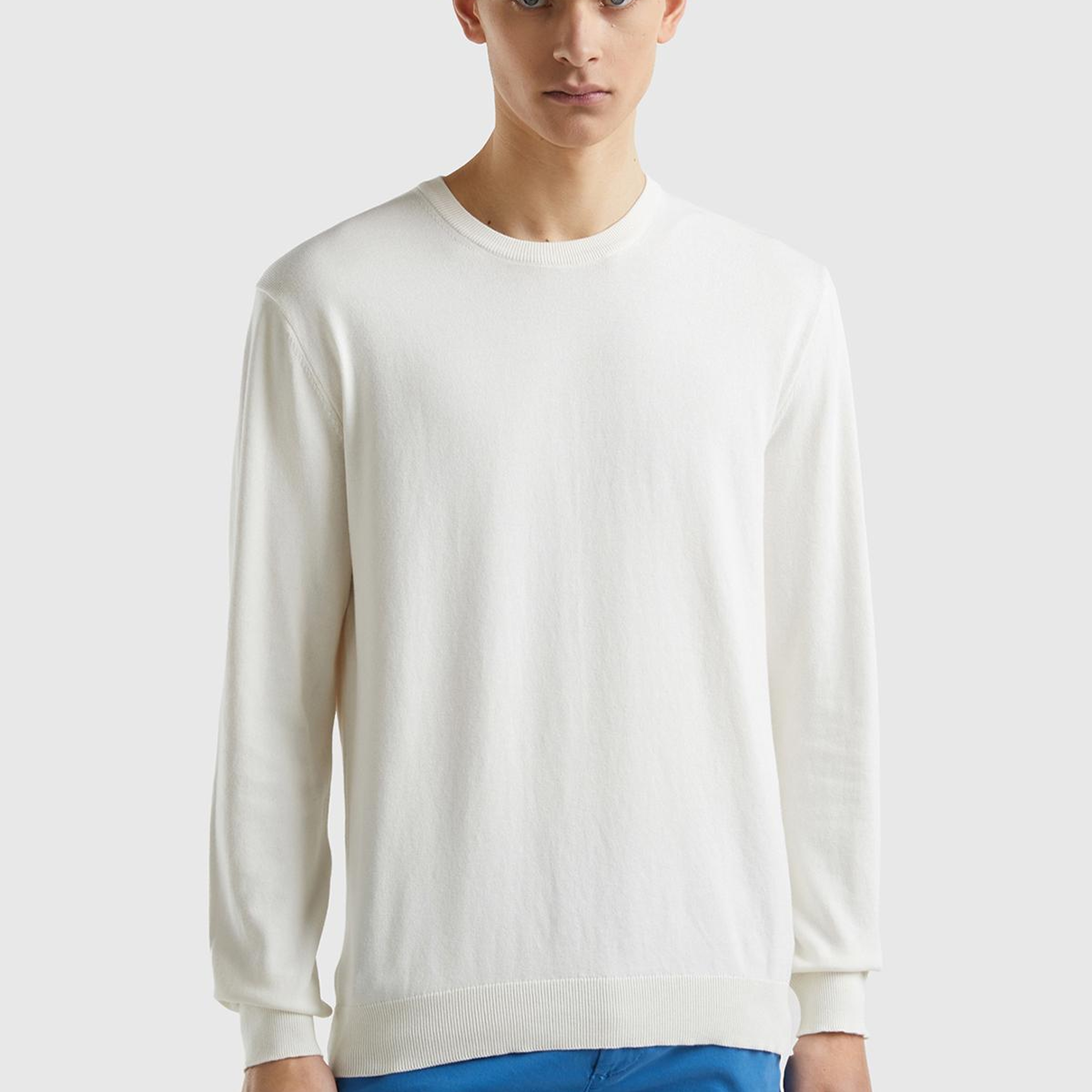 Erkek Krem %100 Koton Bisiklet YakaKazak