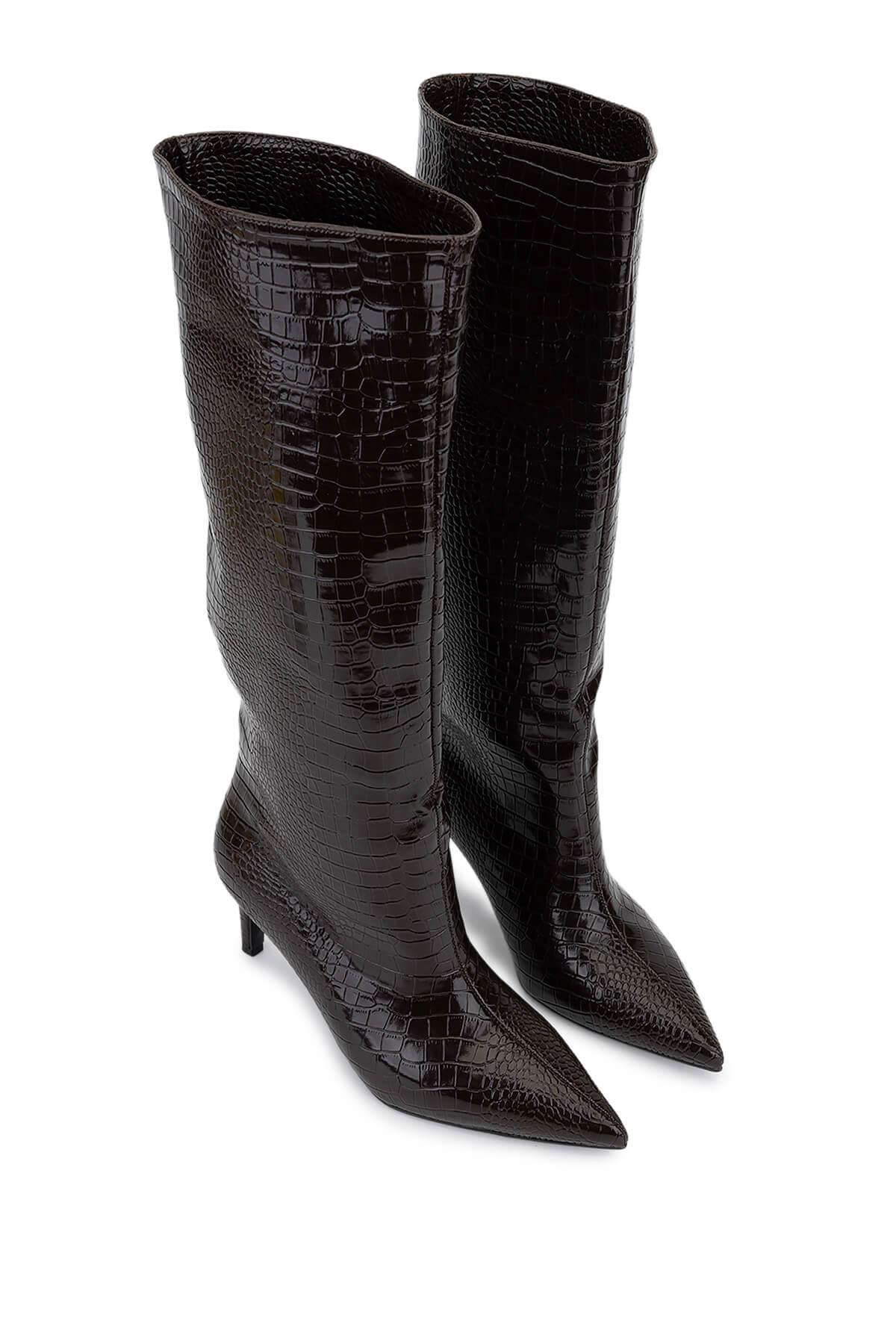 Tamer Tanca Kadın Suni Deri Kahverengi Kroko Topuklu Çizme