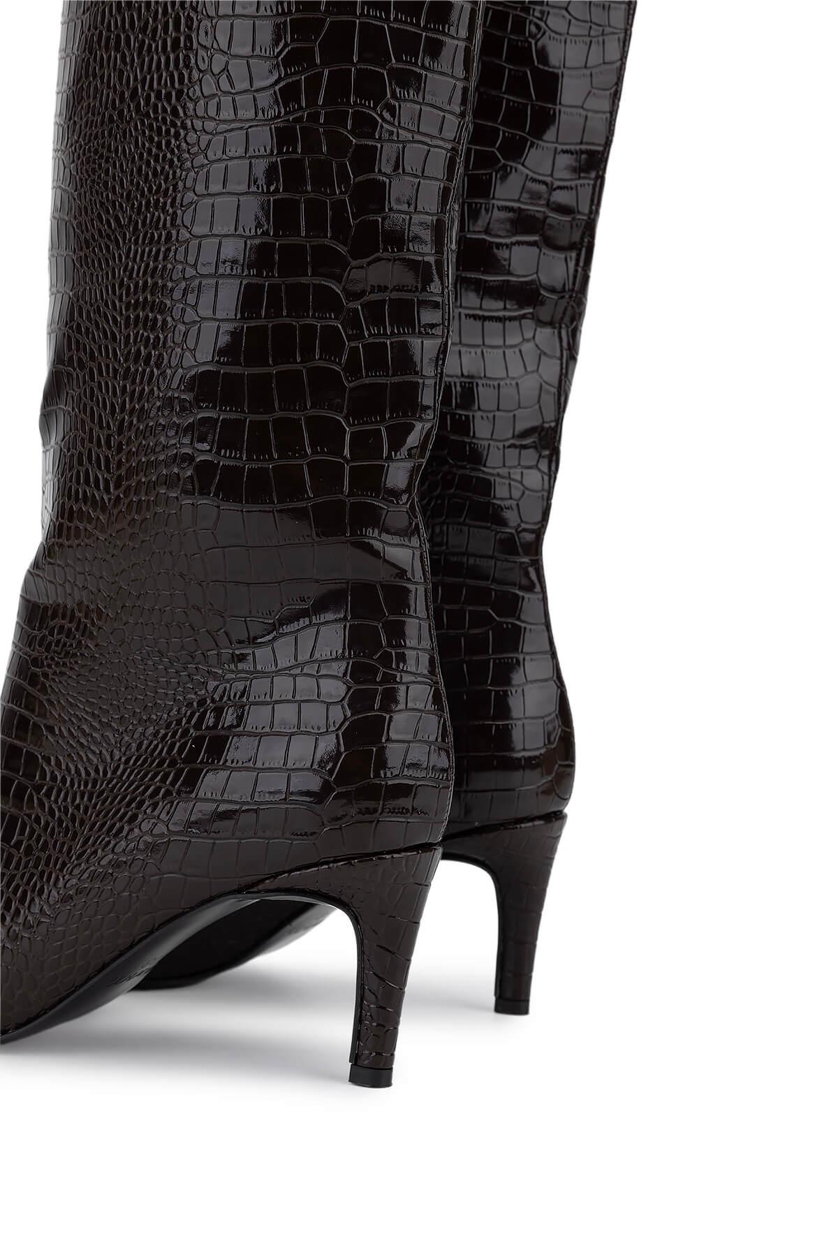 Tamer Tanca Kadın Suni Deri Kahverengi Kroko Topuklu Çizme