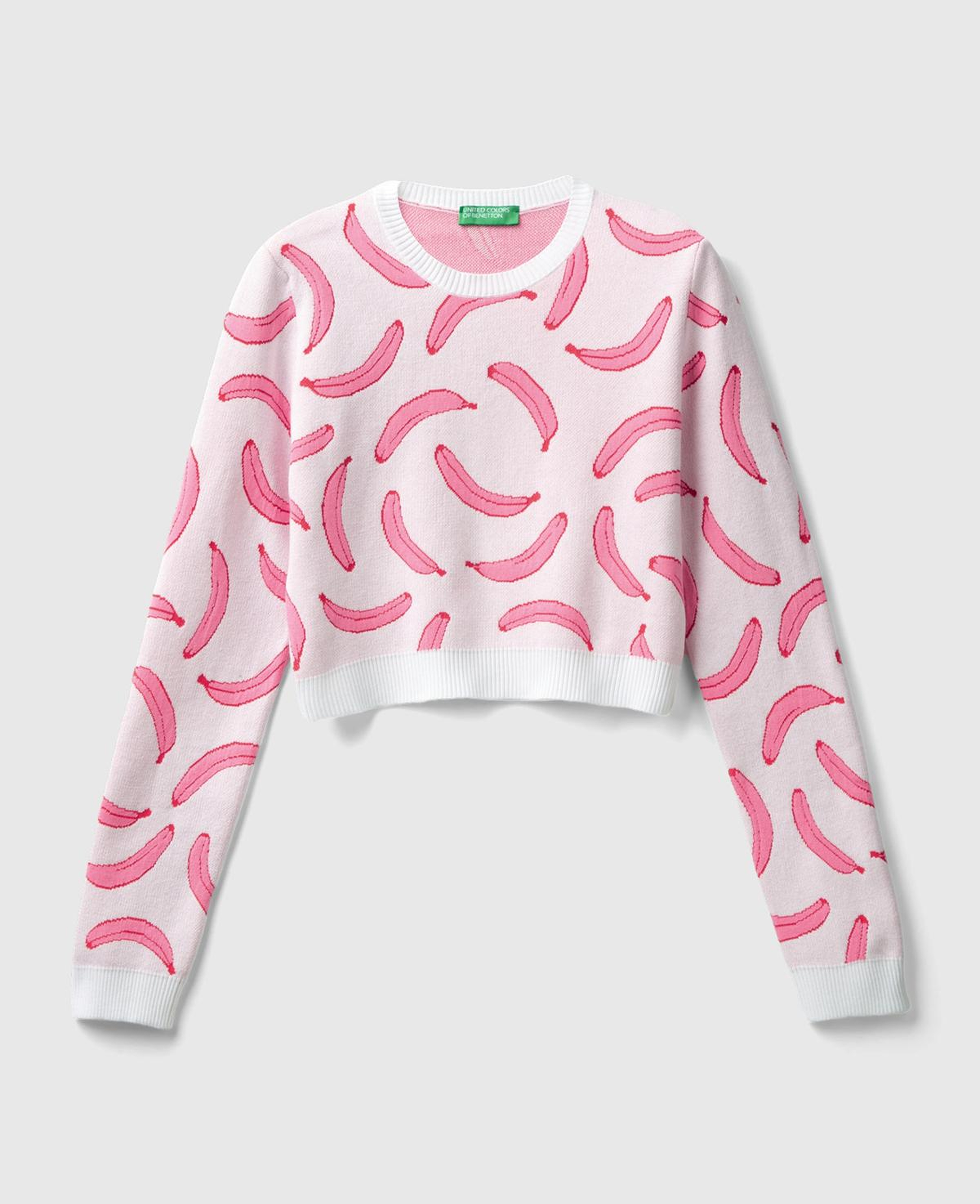 Kadın Beyaz Pamuk Karışımlı Tamamı 3D Muz Desenli Bisiklet Yaka Kazak