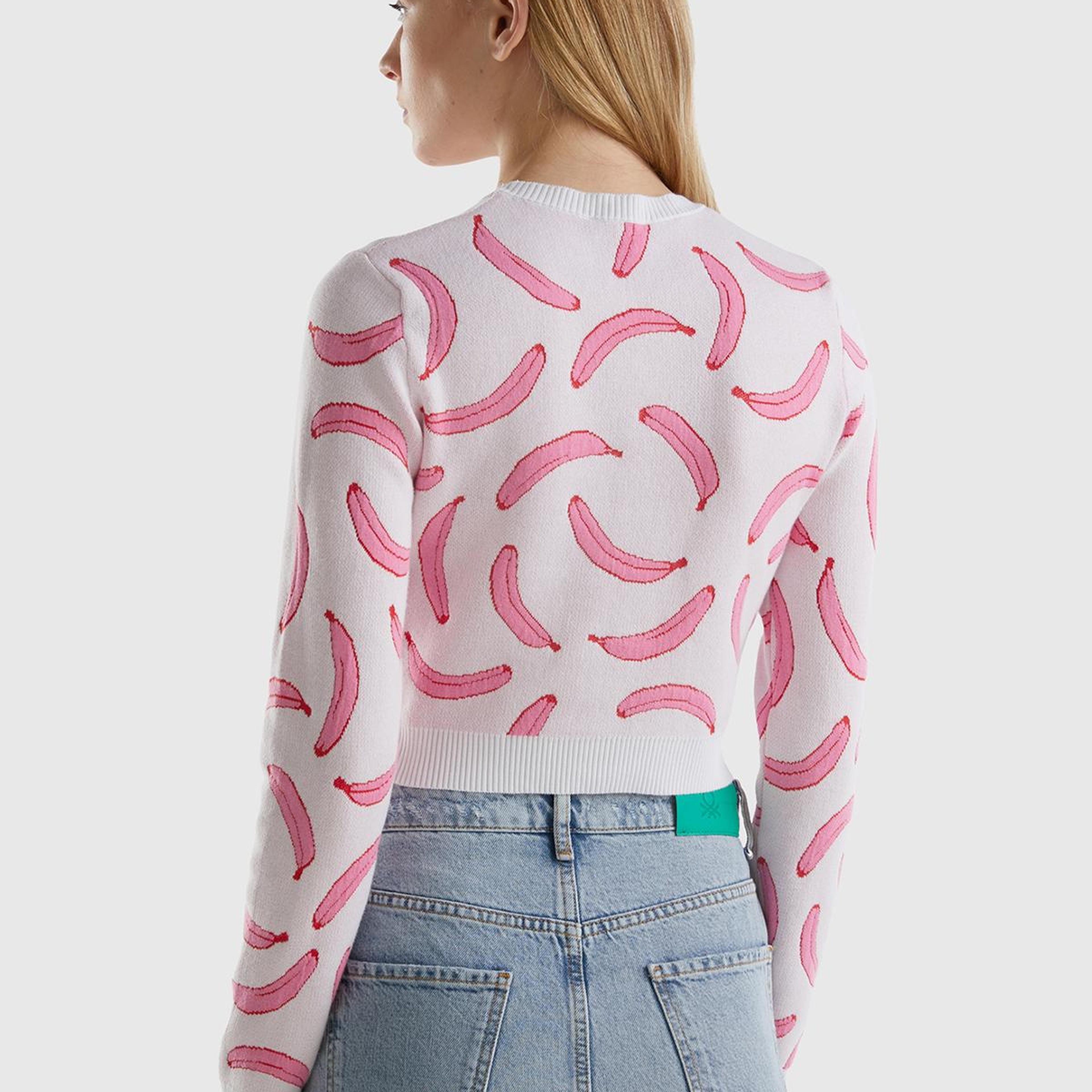 Kadın Beyaz Pamuk Karışımlı Tamamı 3D Muz Desenli Bisiklet Yaka Kazak