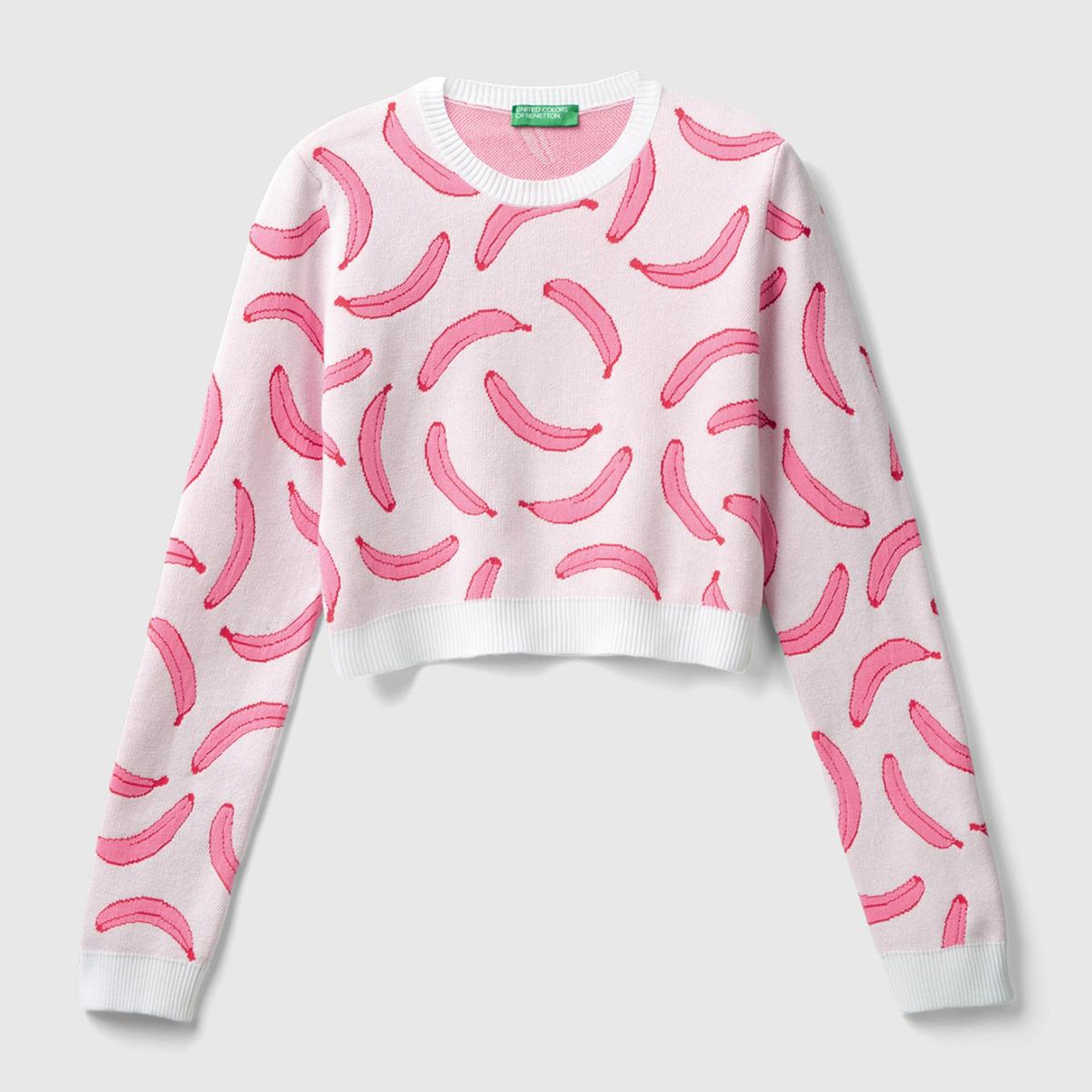 Kadın Beyaz Pamuk Karışımlı Tamamı 3D Muz Desenli Bisiklet Yaka Kazak