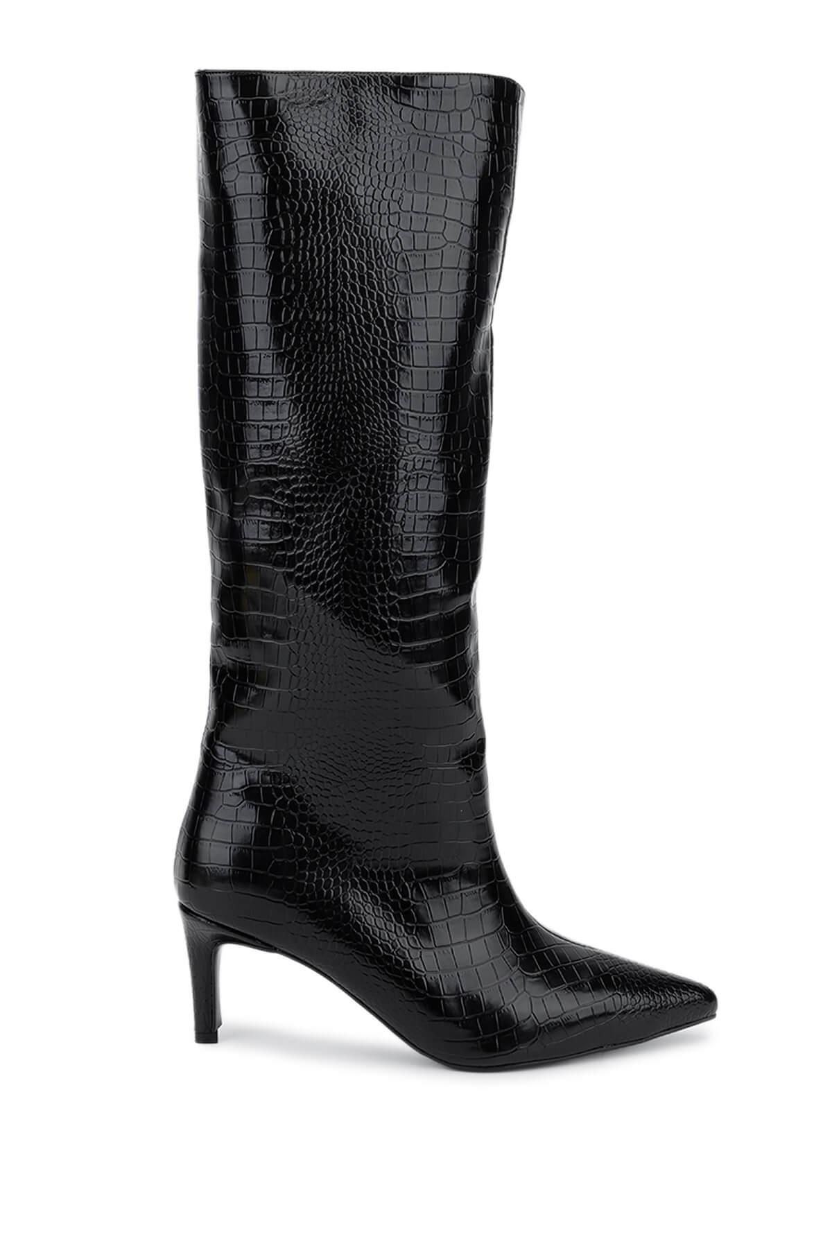 Tamer Tanca Kadın Suni Deri Siyah Kroko Topuklu Çizme