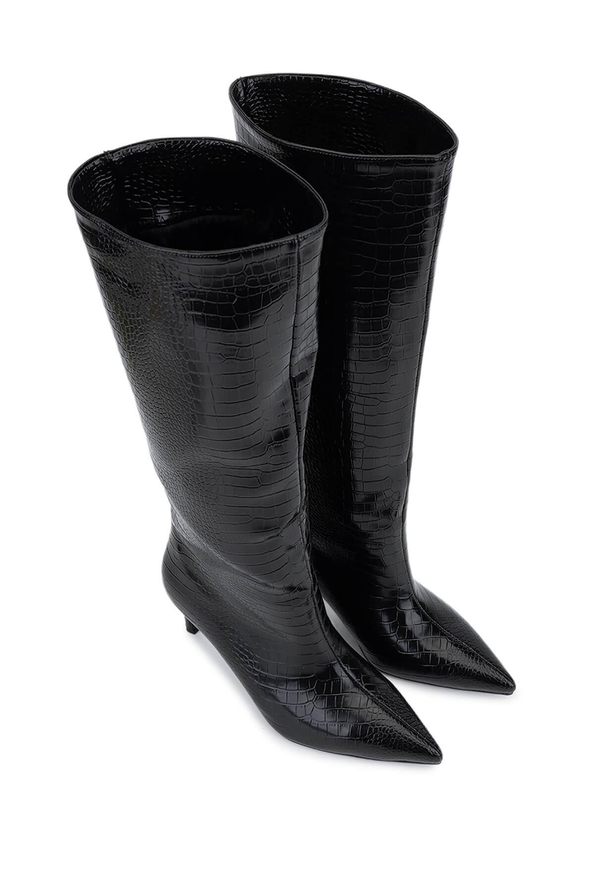 Tamer Tanca Kadın Suni Deri Siyah Kroko Topuklu Çizme
