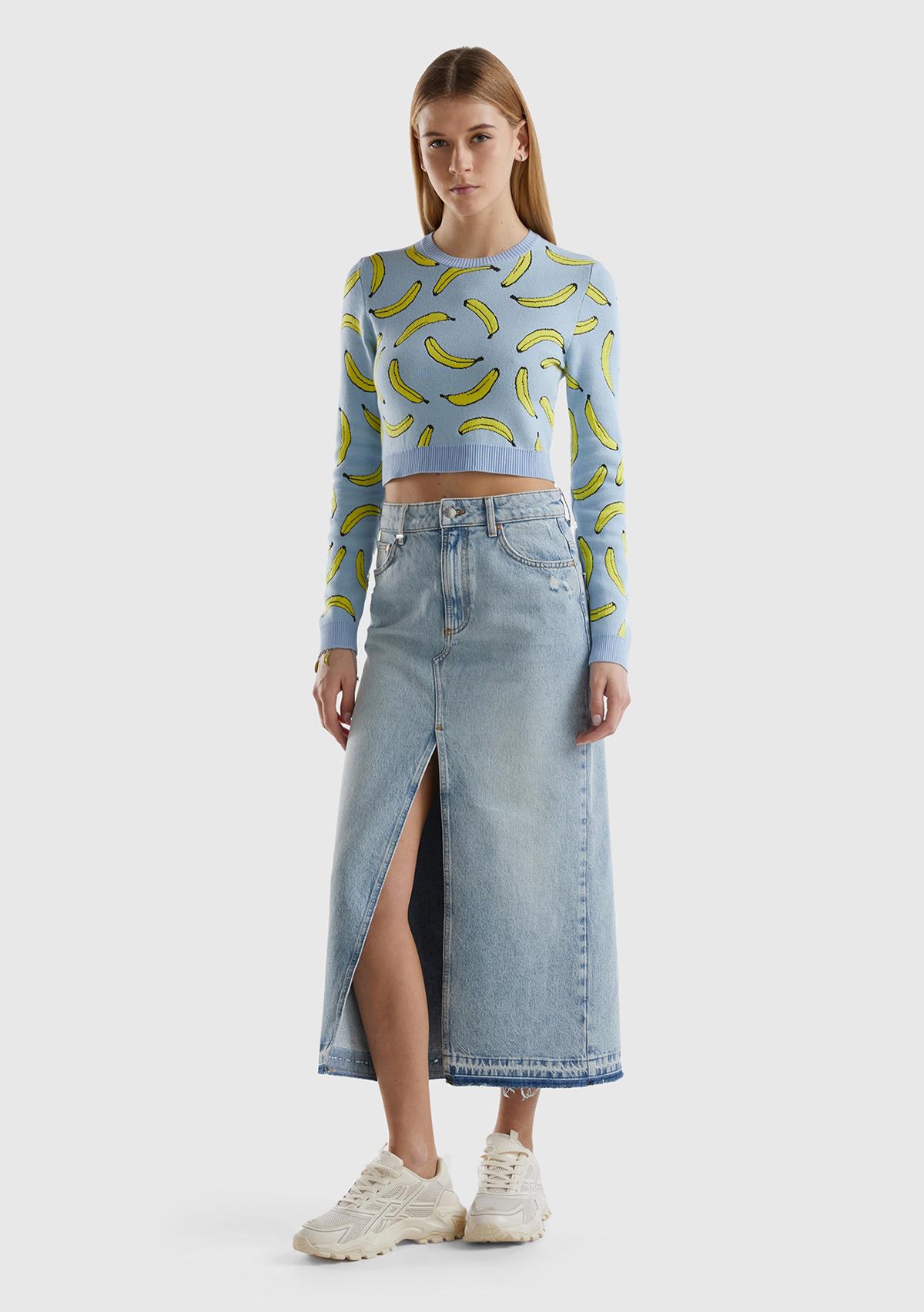 Kadın Açık Mavi Pamuk Karışımlı Tamamı 3D Muz Desenli Bisiklet Yaka Kazak