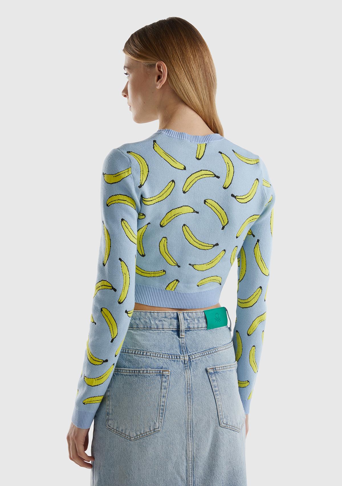 Kadın Açık Mavi Pamuk Karışımlı Tamamı 3D Muz Desenli Bisiklet Yaka Kazak