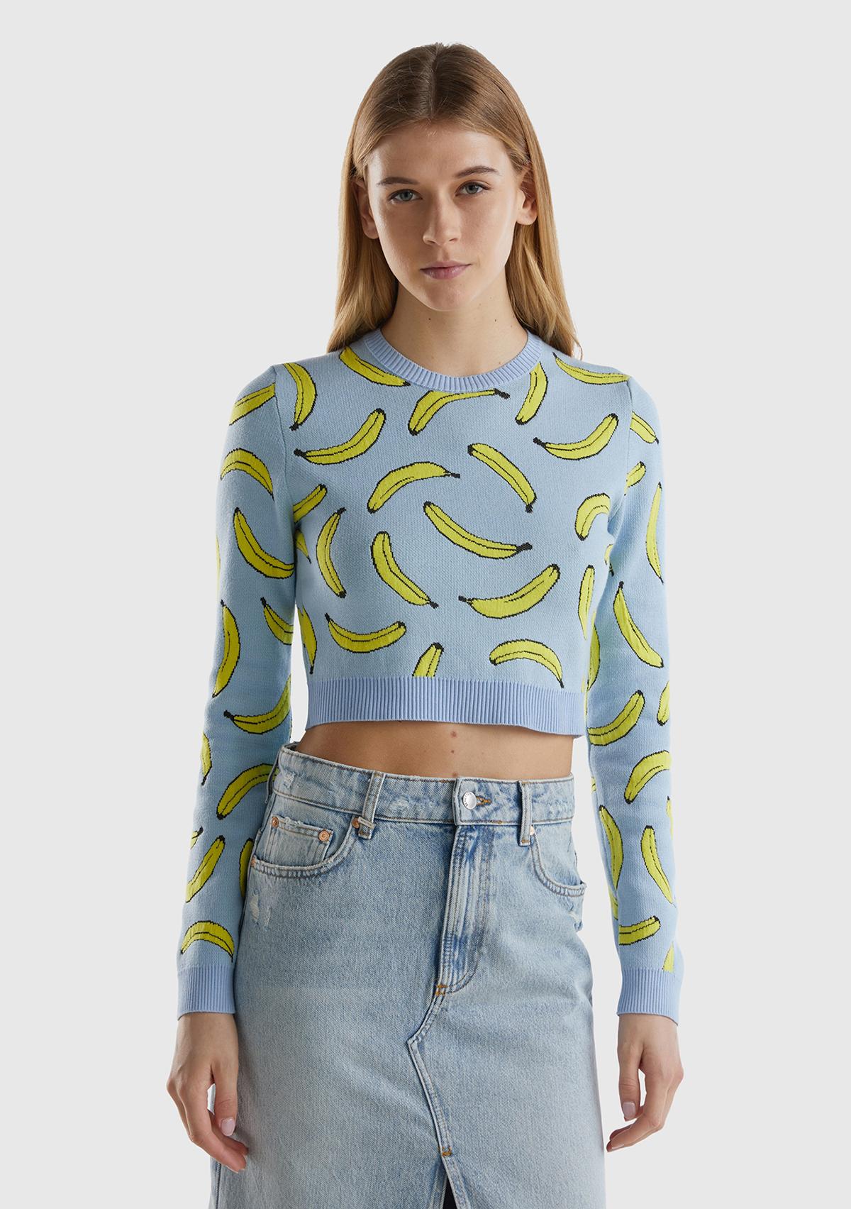 Kadın Açık Mavi Pamuk Karışımlı Tamamı 3D Muz Desenli Bisiklet Yaka Kazak