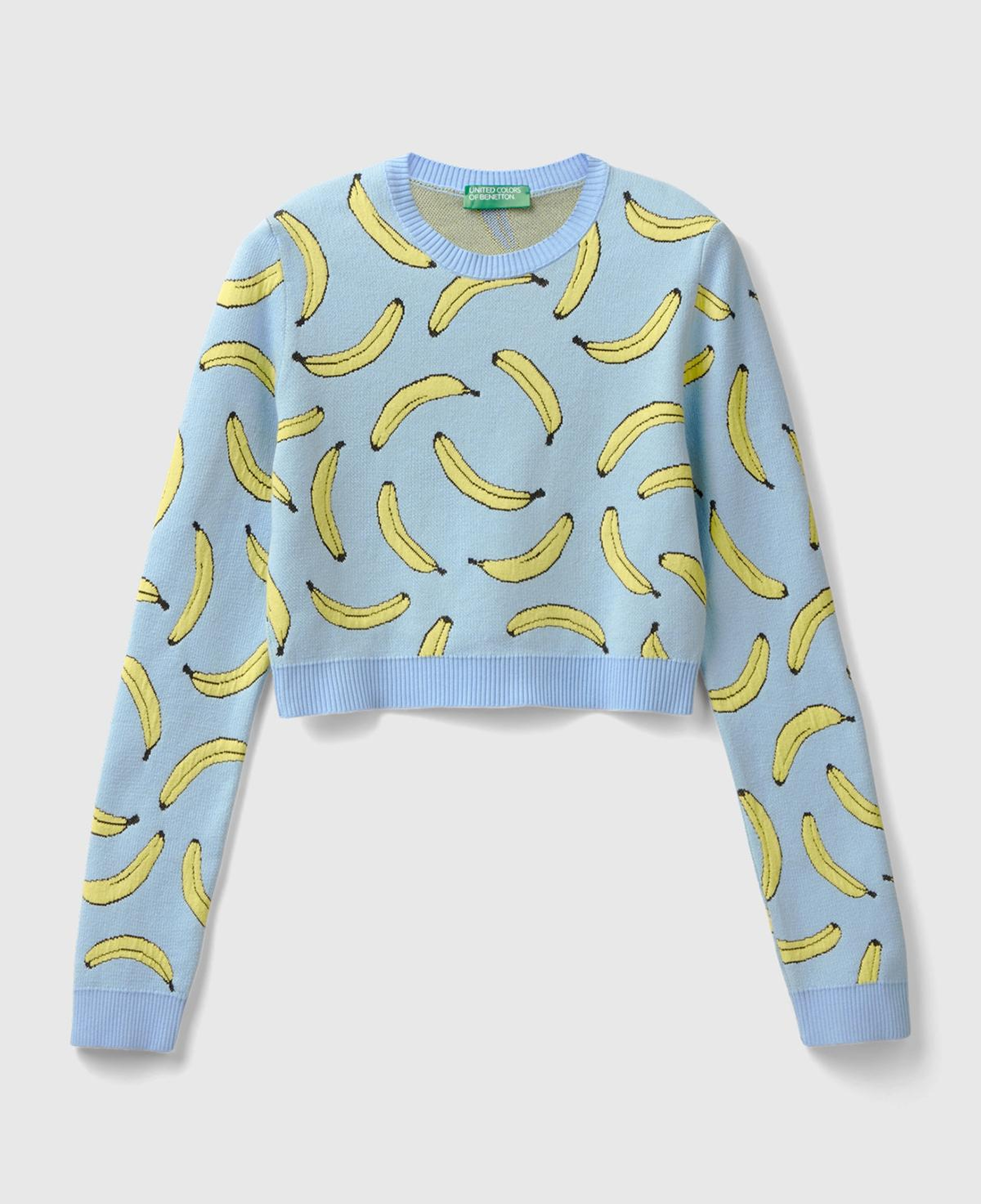 Kadın Açık Mavi Pamuk Karışımlı Tamamı 3D Muz Desenli Bisiklet Yaka Kazak