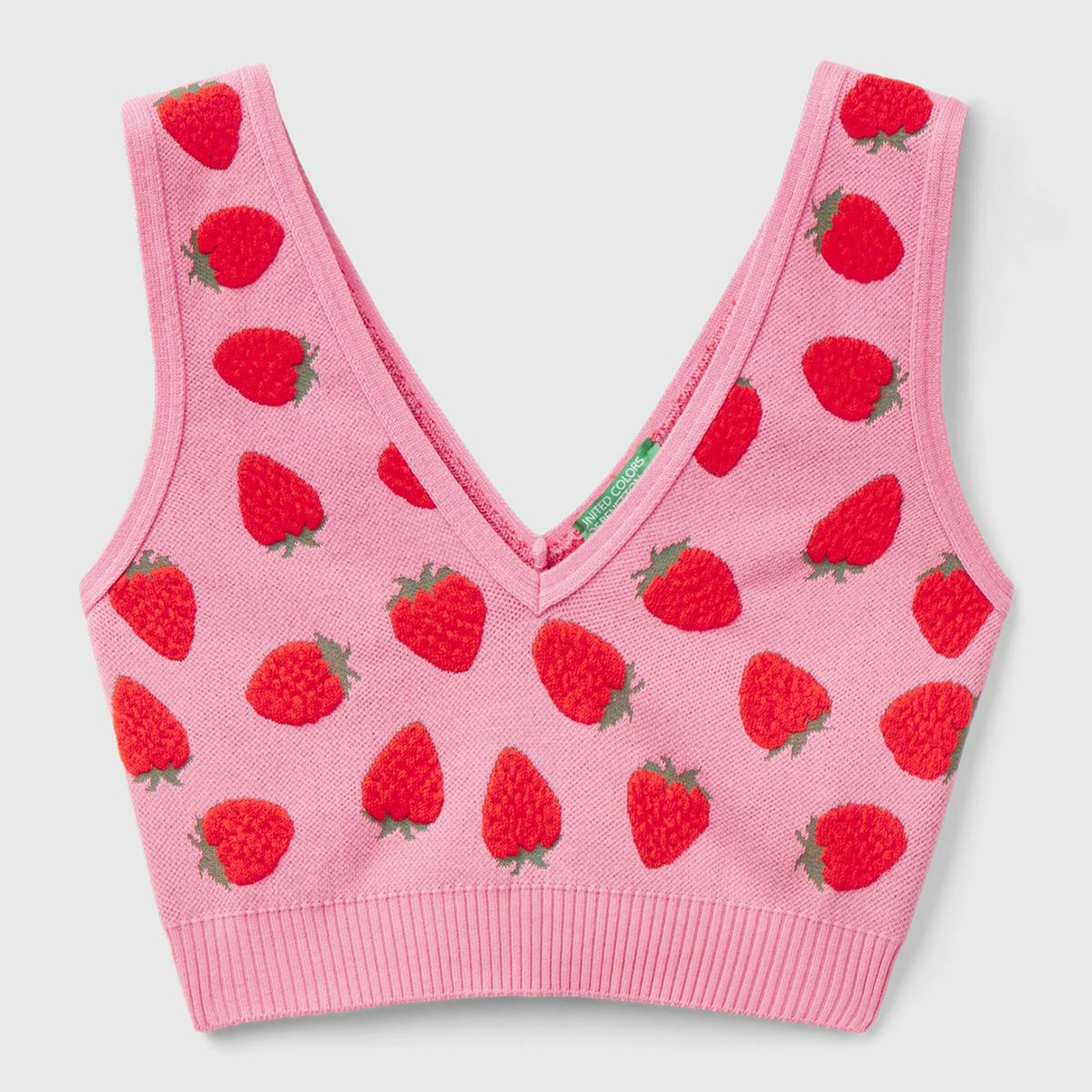 Kadın Açık Pembe Pamuk Karışımlı Tamamı 3D Çilek Desenli V Yaka Triko Büstiyer