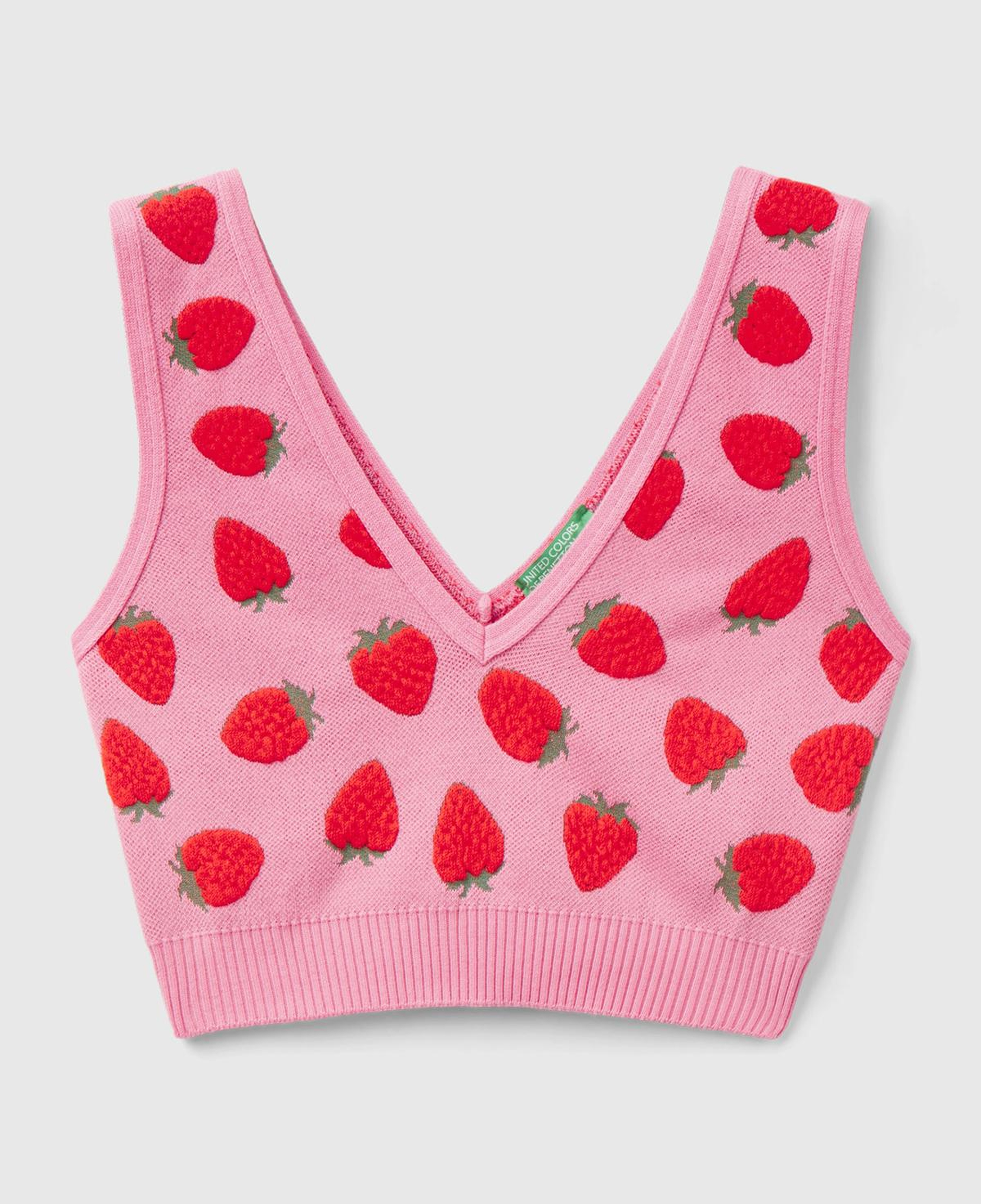 Kadın Açık Pembe Pamuk Karışımlı Tamamı 3D Çilek Desenli V Yaka Triko Büstiyer