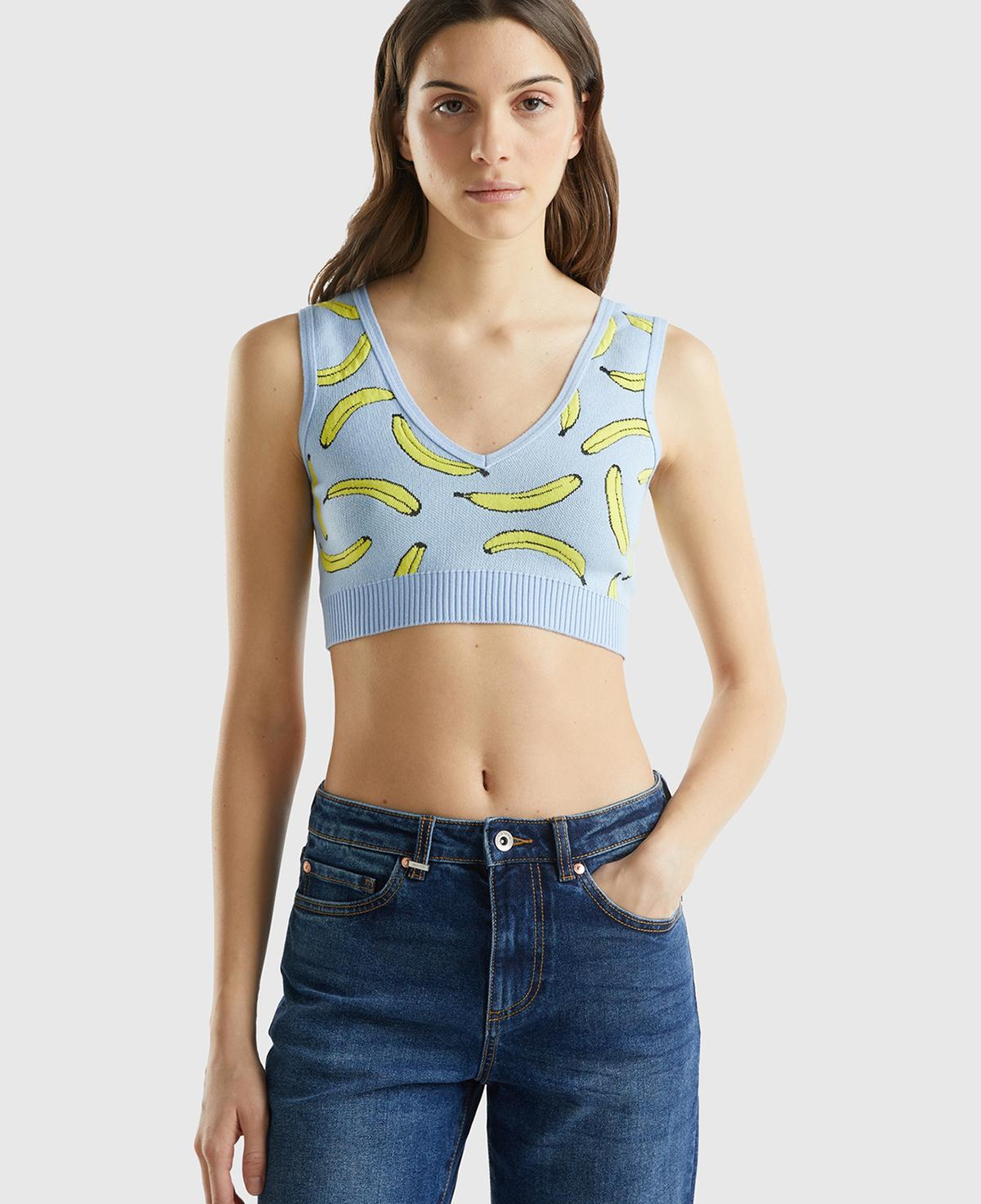 Kadın Açık Mavi Pamuk Karışımlı Tamamı 3D Muz Desenli V Yaka Triko Büstiyer