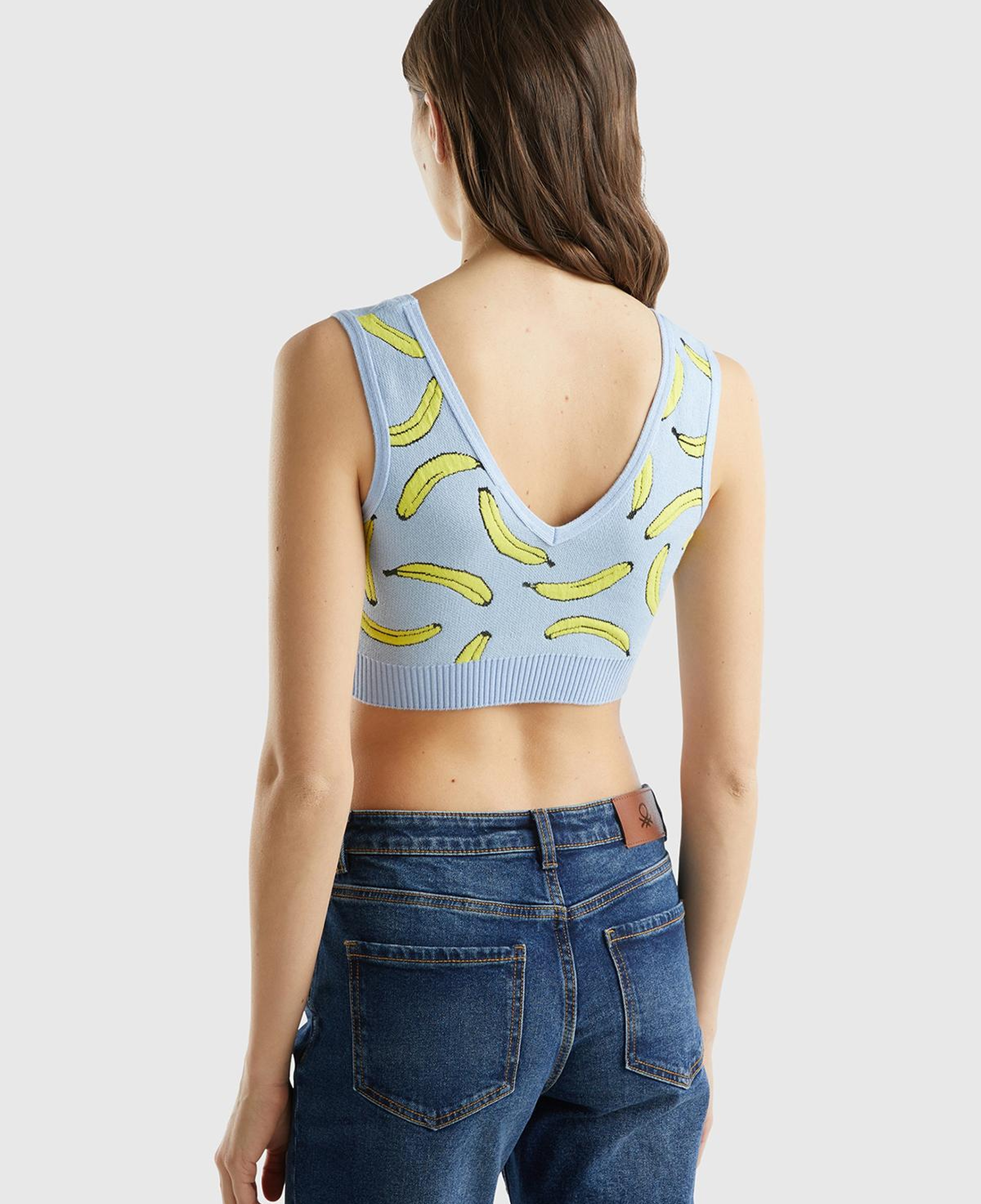 Kadın Açık Mavi Pamuk Karışımlı Tamamı 3D Muz Desenli V Yaka Triko Büstiyer
