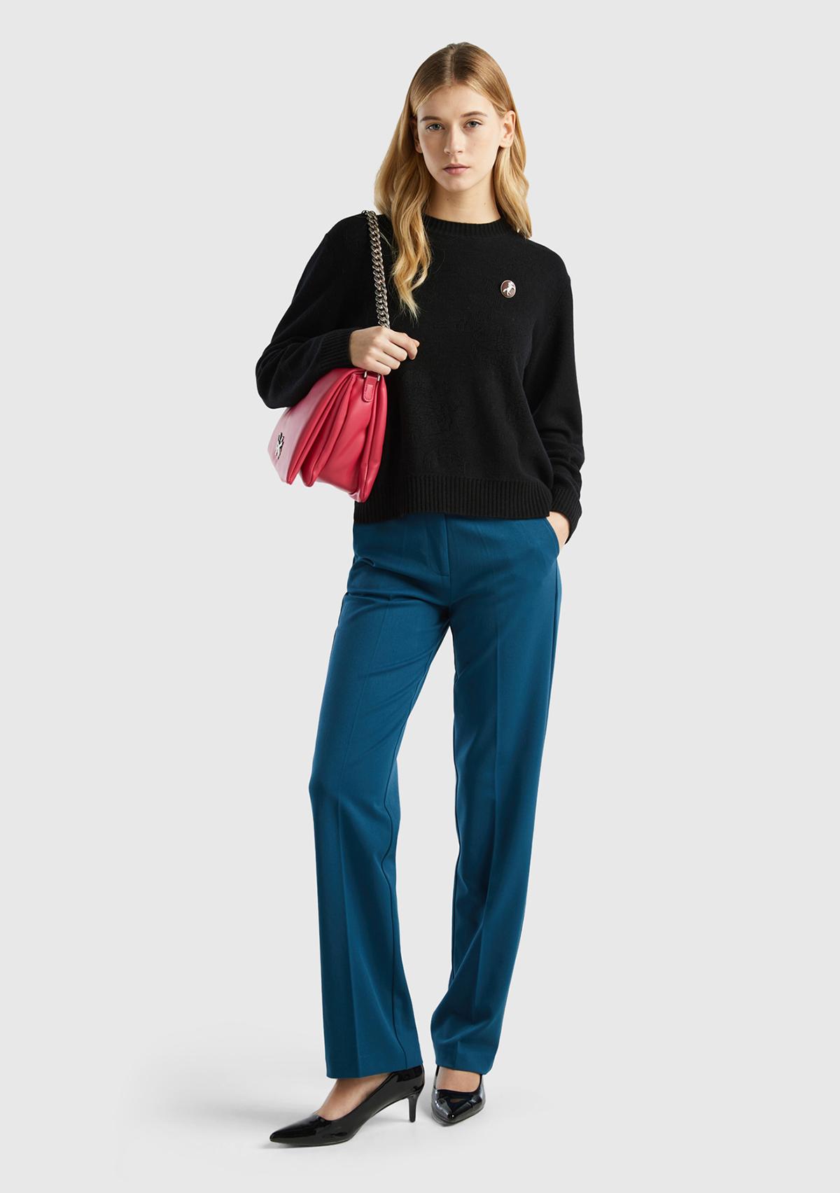 Kadın Siyah Kaşmir ve Yün Karışımlı Baskılı Bisiklet Yaka Kazak