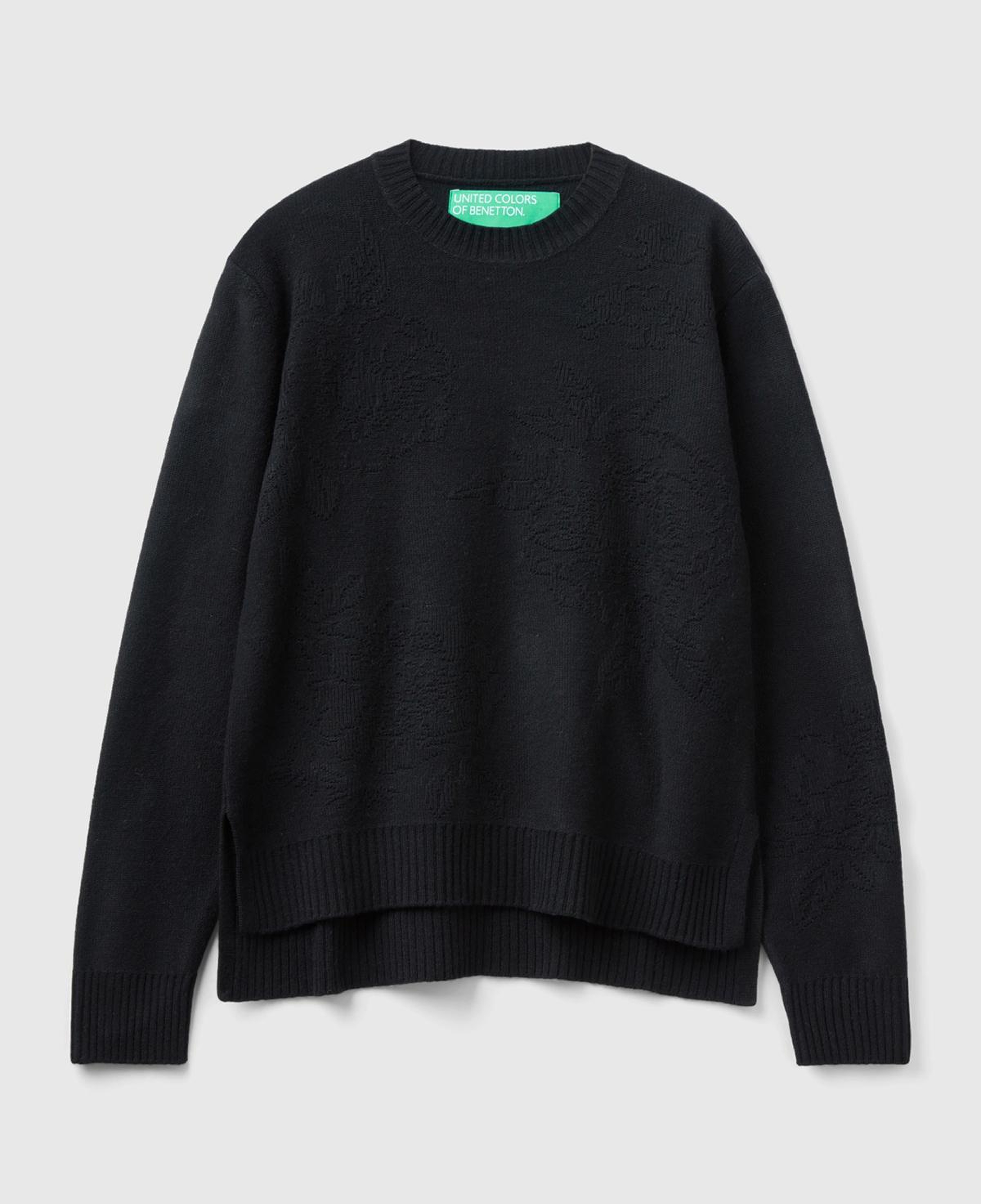 Kadın Siyah Kaşmir ve Yün Karışımlı Baskılı Bisiklet Yaka Kazak