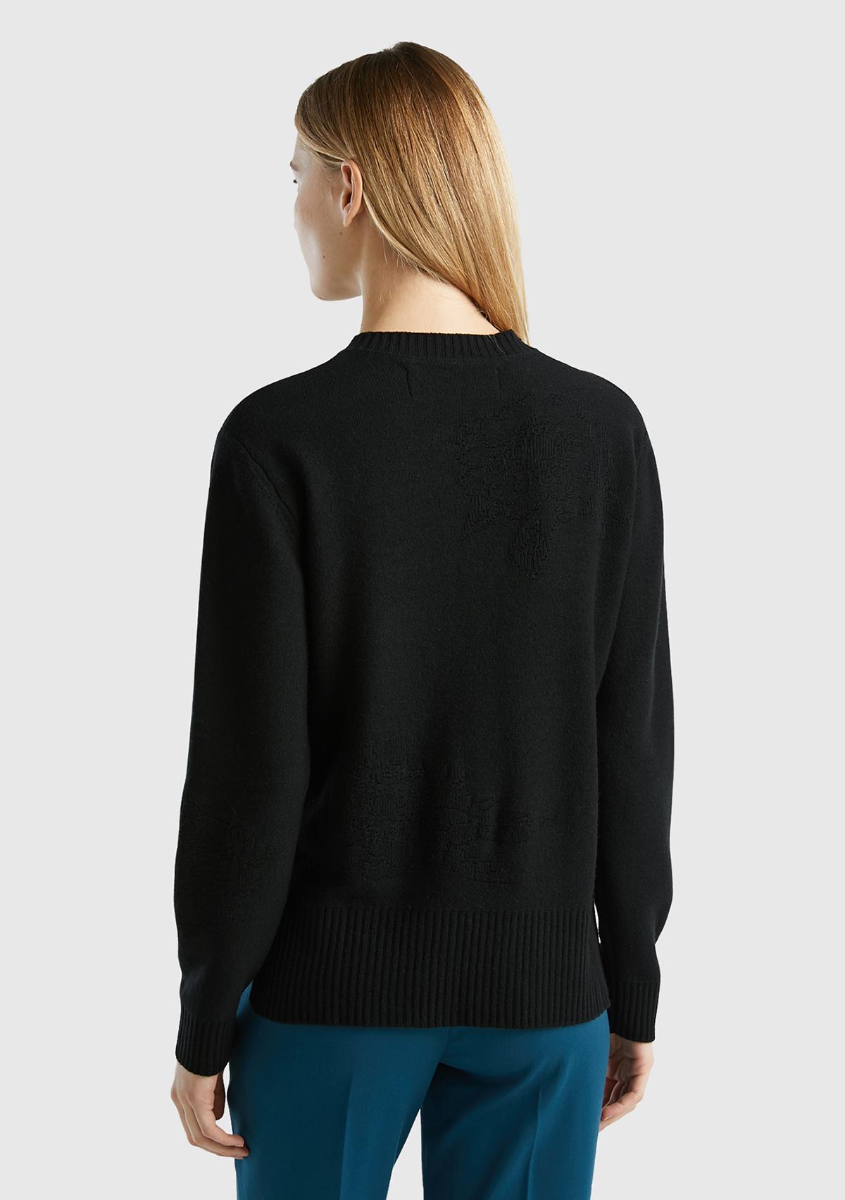 Kadın Siyah Kaşmir ve Yün Karışımlı Baskılı Bisiklet Yaka Kazak