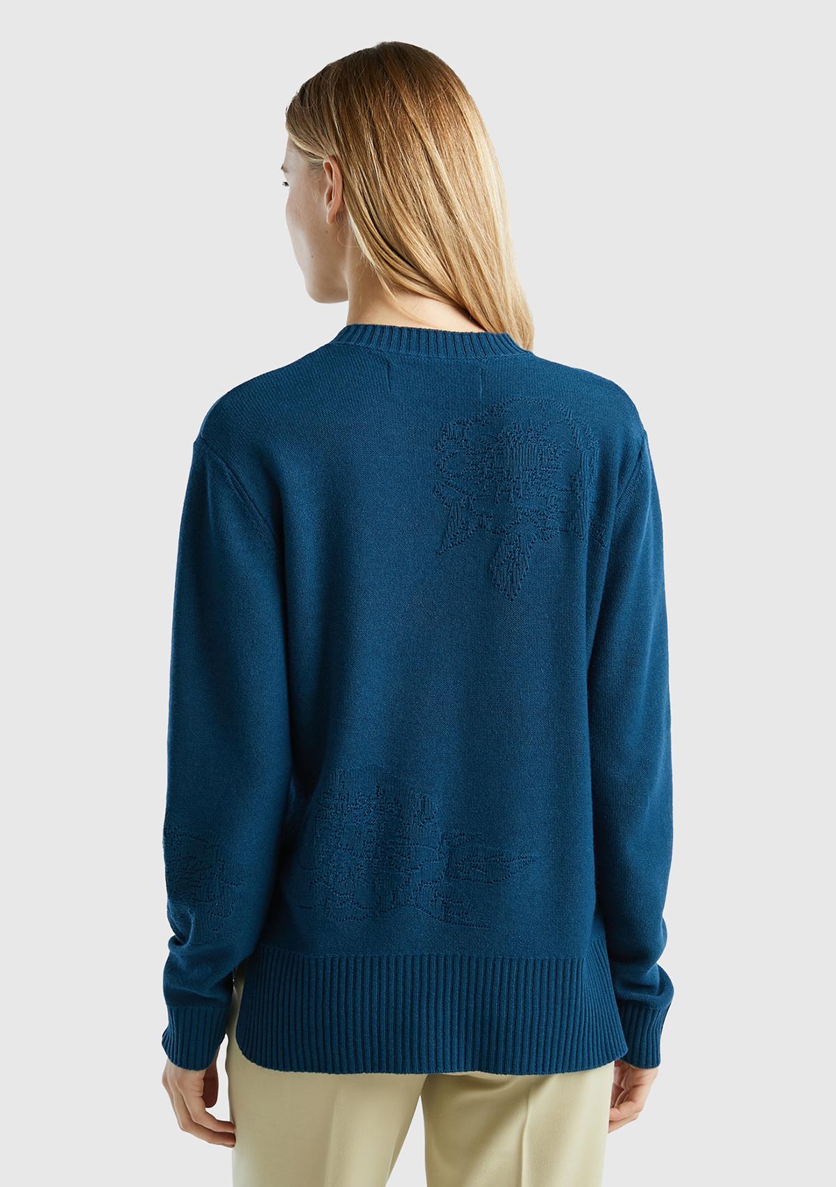 Kadın Petrol Mavisi Kaşmir ve Yün Karışımlı Baskılı Bisiklet Yaka Kazak