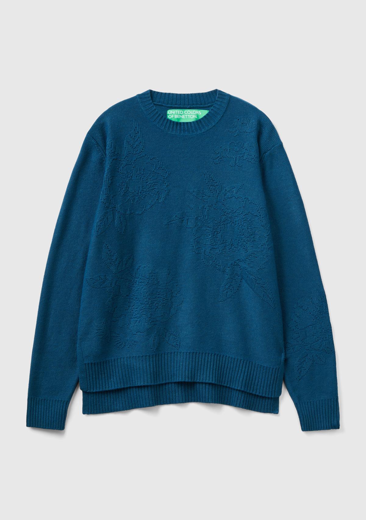 Kadın Petrol Mavisi Kaşmir ve Yün Karışımlı Baskılı Bisiklet Yaka Kazak