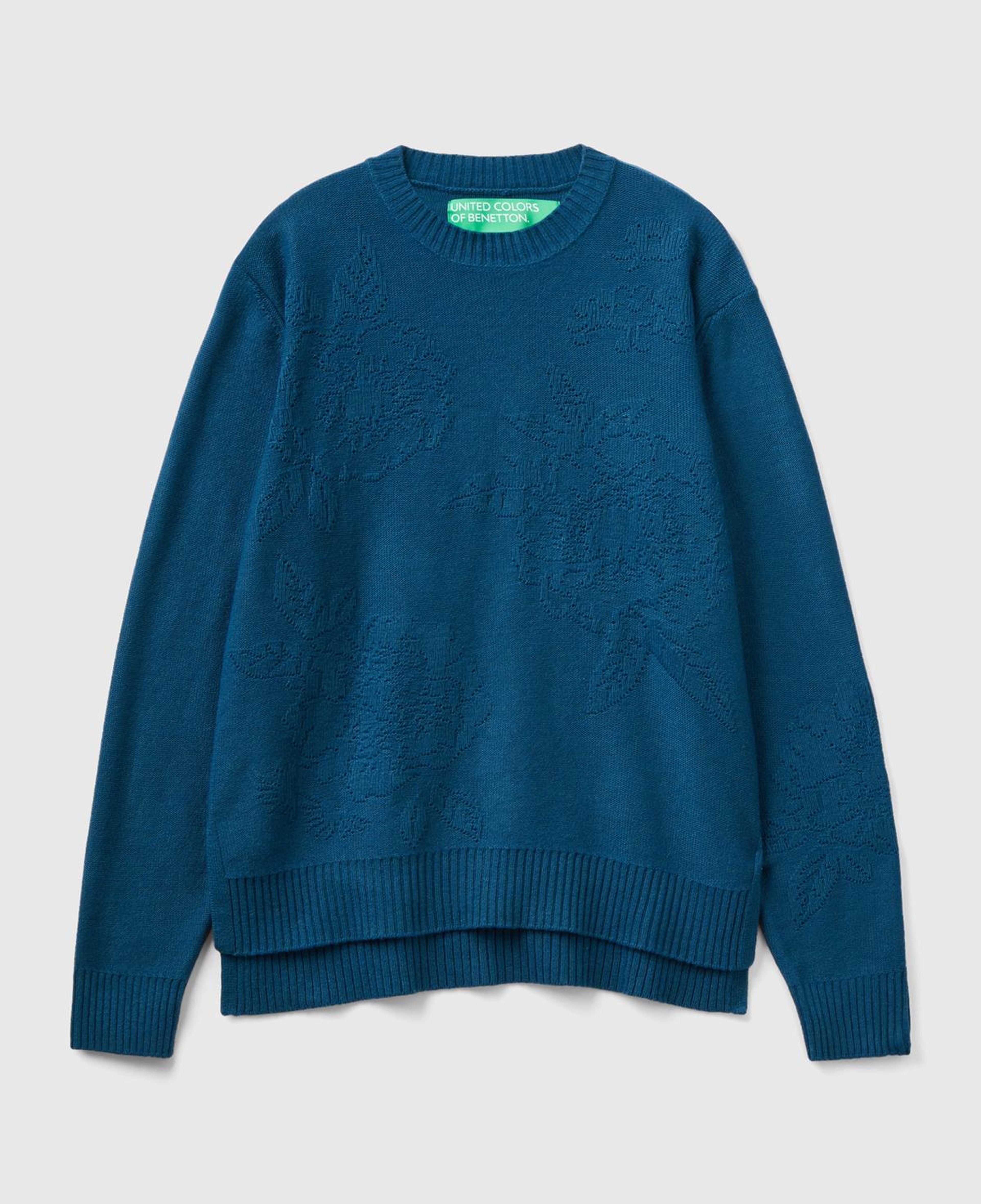 Kadın Petrol Mavisi Kaşmir ve Yün Karışımlı Baskılı Bisiklet Yaka Kazak