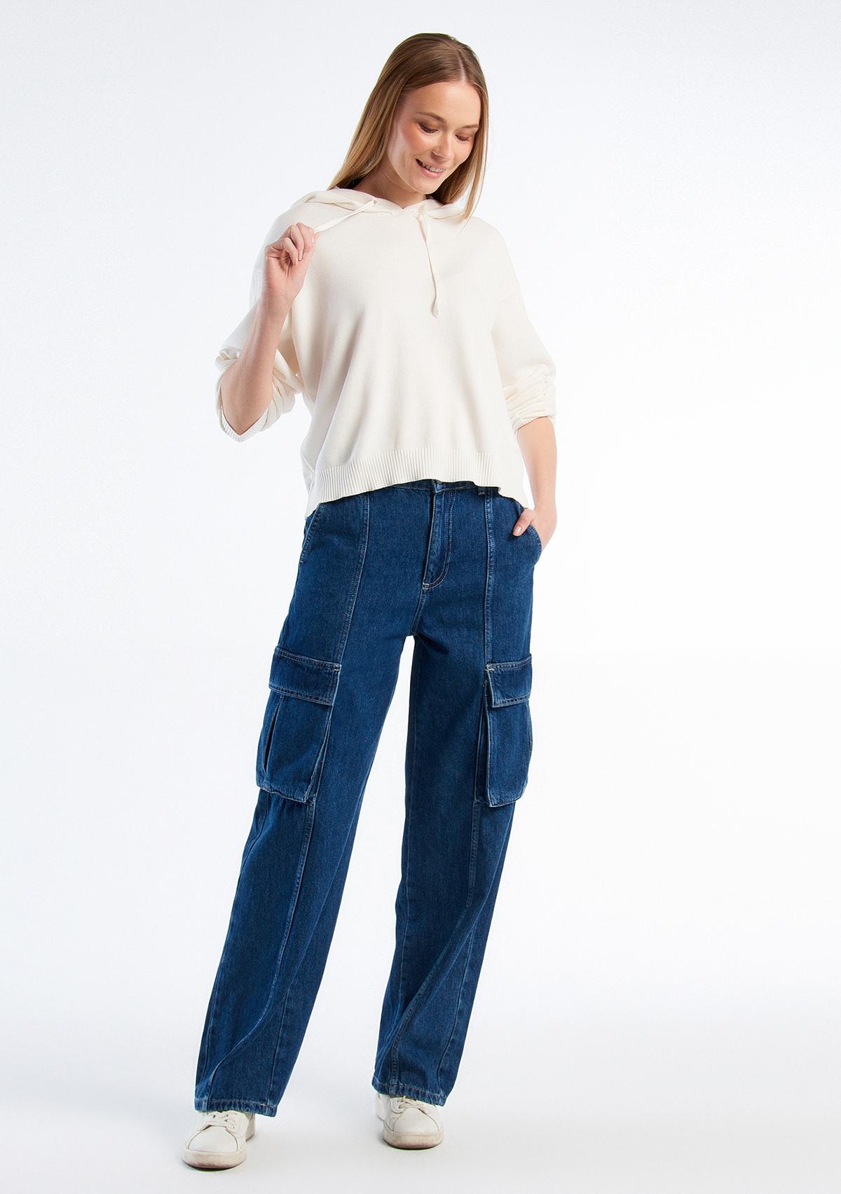 Kadın Krem %100 Pamuk Kapüşonlu Büzgülü Crop Basic Triko Sweatshirt