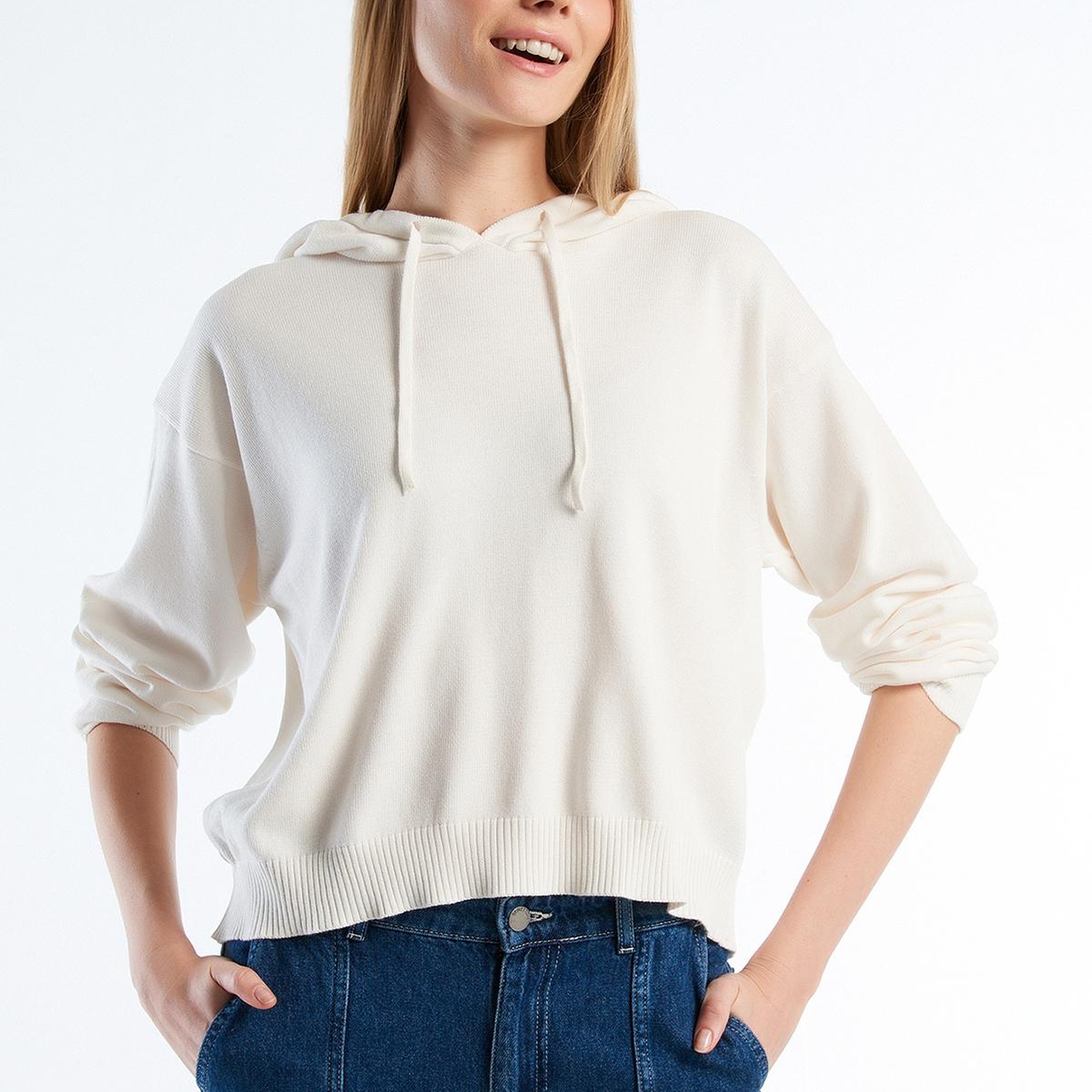 Kadın Krem %100 Pamuk Kapüşonlu Büzgülü Crop Basic Triko Sweatshirt