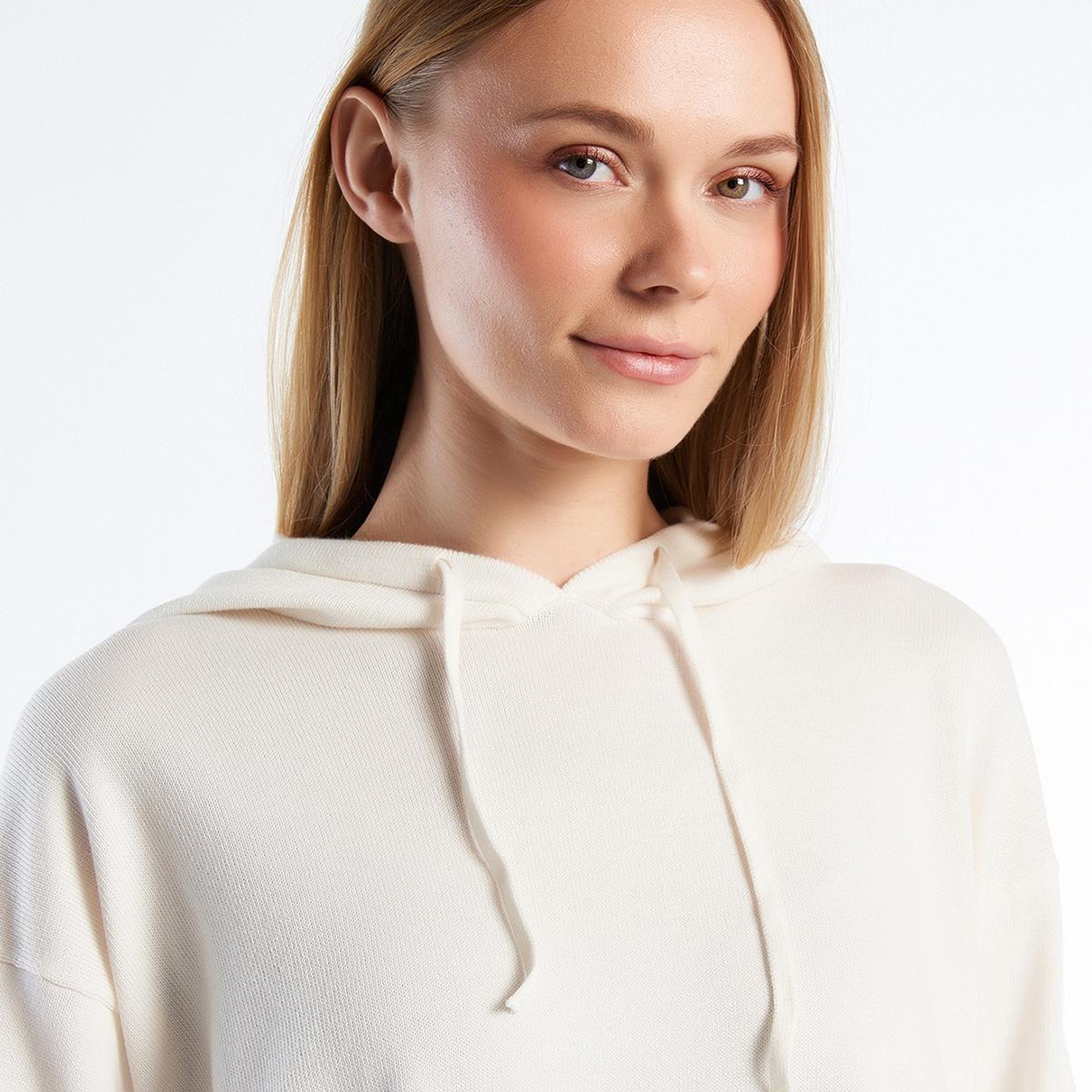 Kadın Krem %100 Pamuk Kapüşonlu Büzgülü Crop Basic Triko Sweatshirt