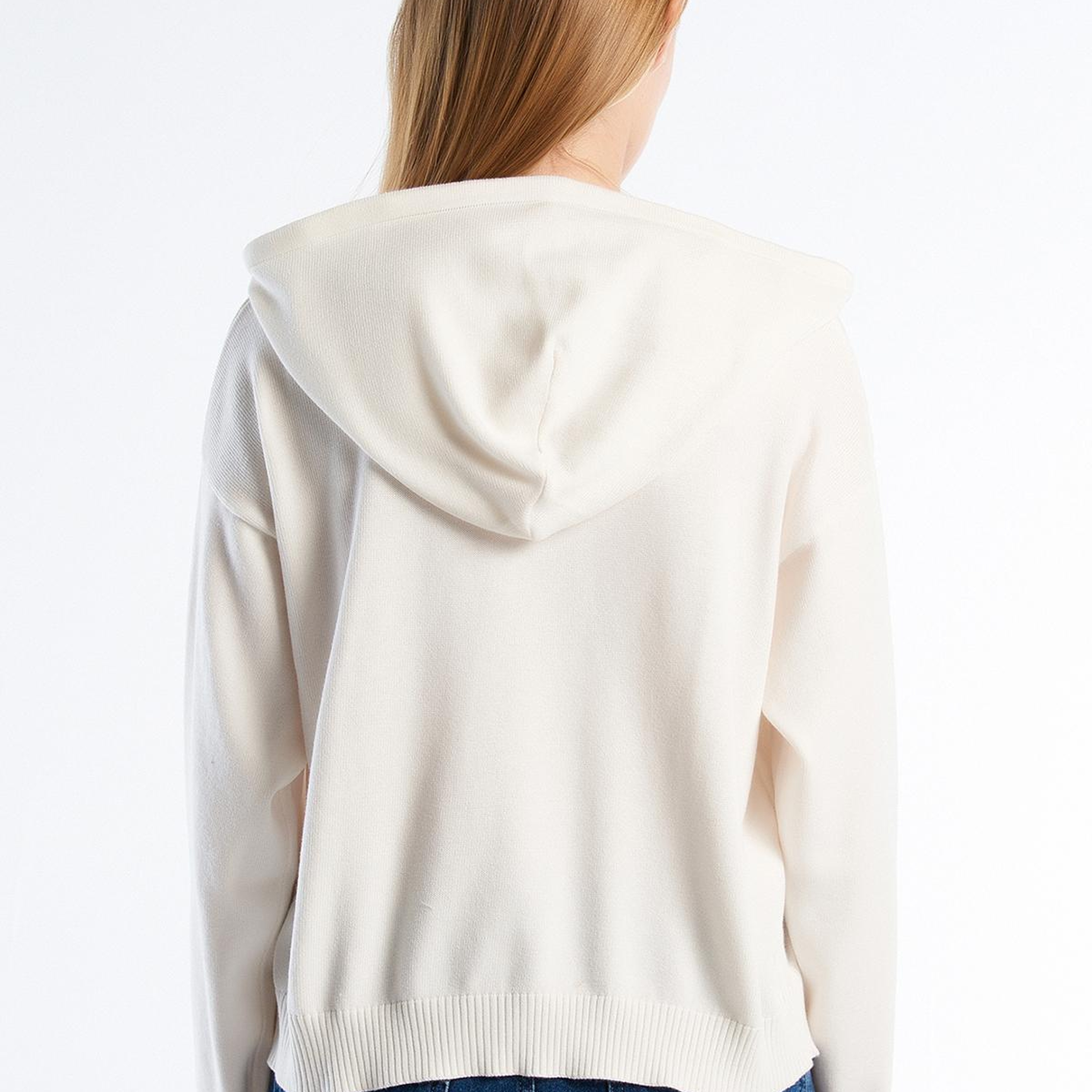 Kadın Krem %100 Pamuk Kapüşonlu Büzgülü Crop Basic Triko Sweatshirt