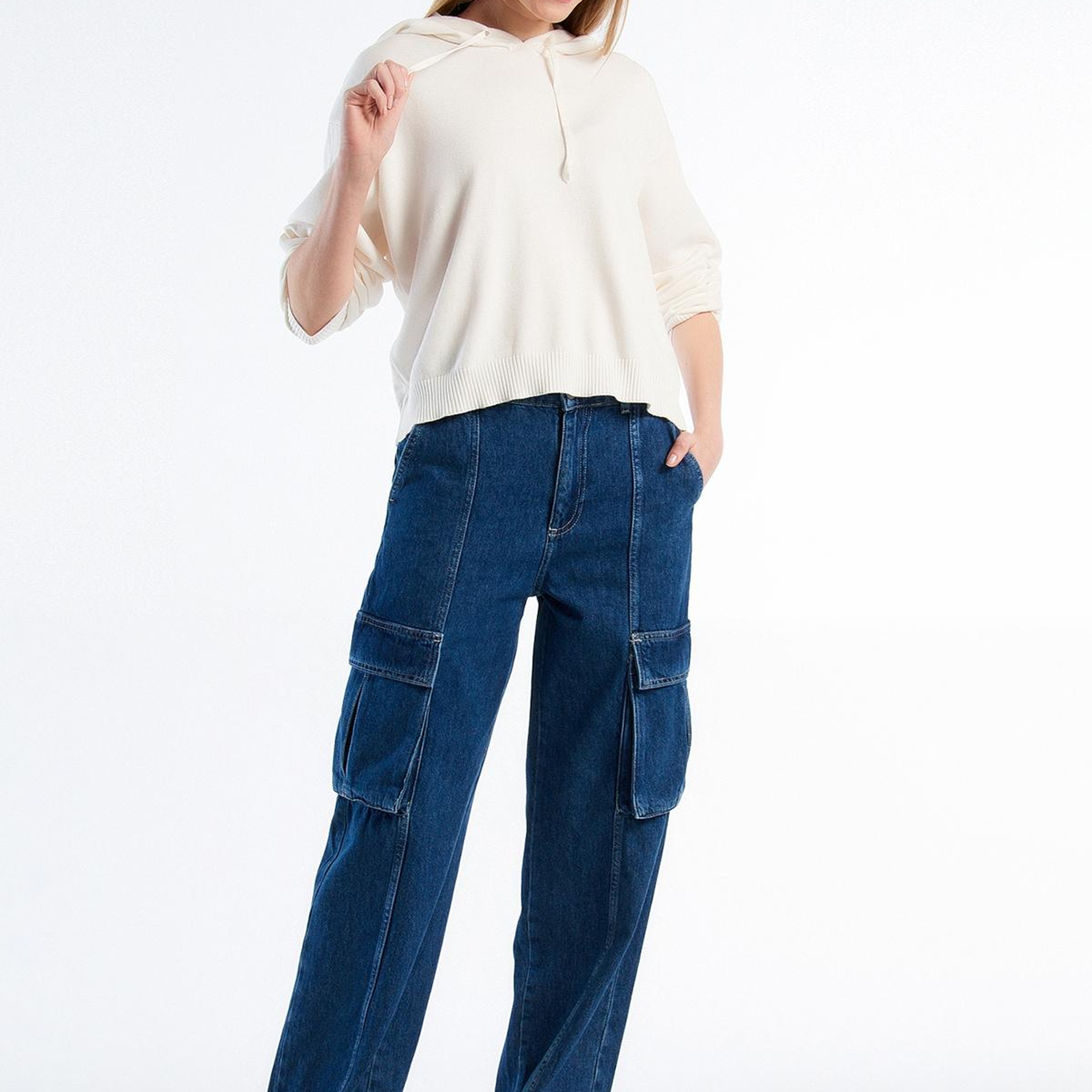 Kadın Krem %100 Pamuk Kapüşonlu Büzgülü Crop Basic Triko Sweatshirt