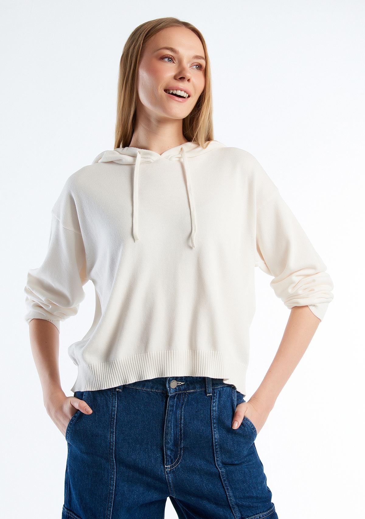 Kadın Krem %100 Pamuk Kapüşonlu Büzgülü Crop Basic Triko Sweatshirt