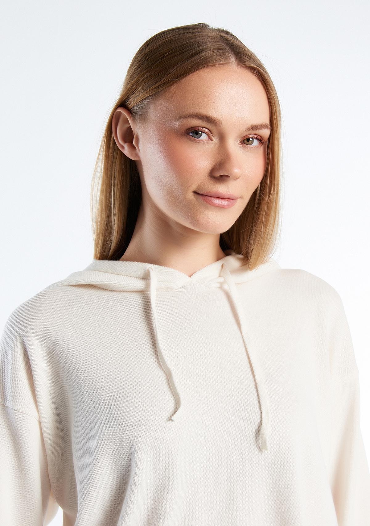 Kadın Krem %100 Pamuk Kapüşonlu Büzgülü Crop Basic Triko Sweatshirt