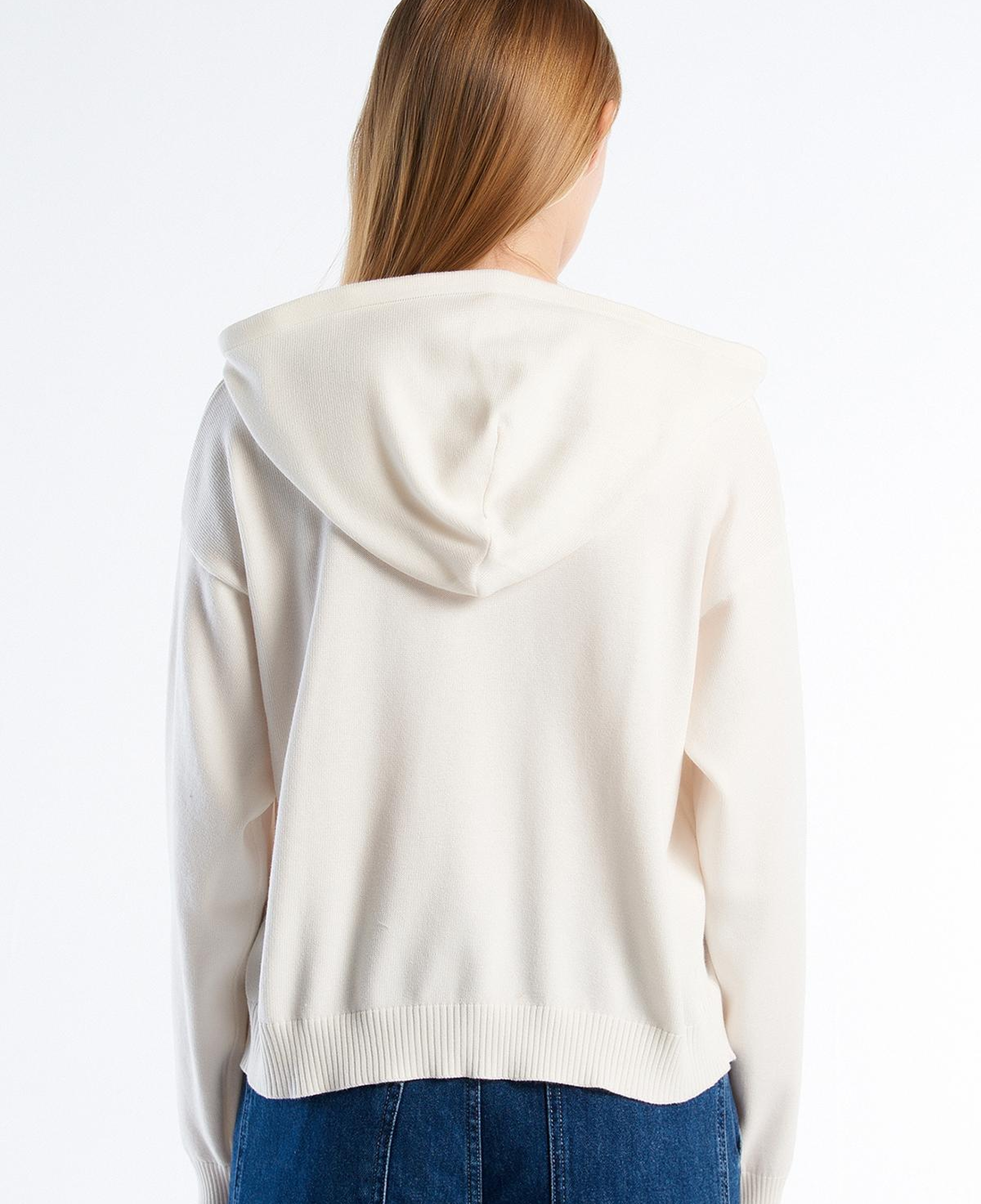 Kadın Krem %100 Pamuk Kapüşonlu Büzgülü Crop Basic Triko Sweatshirt