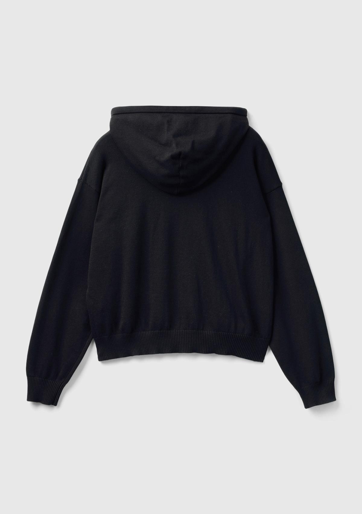 Kadın Siyah %100 Pamuk Kapüşonlu Büzgülü Crop Basic Triko Sweatshirt