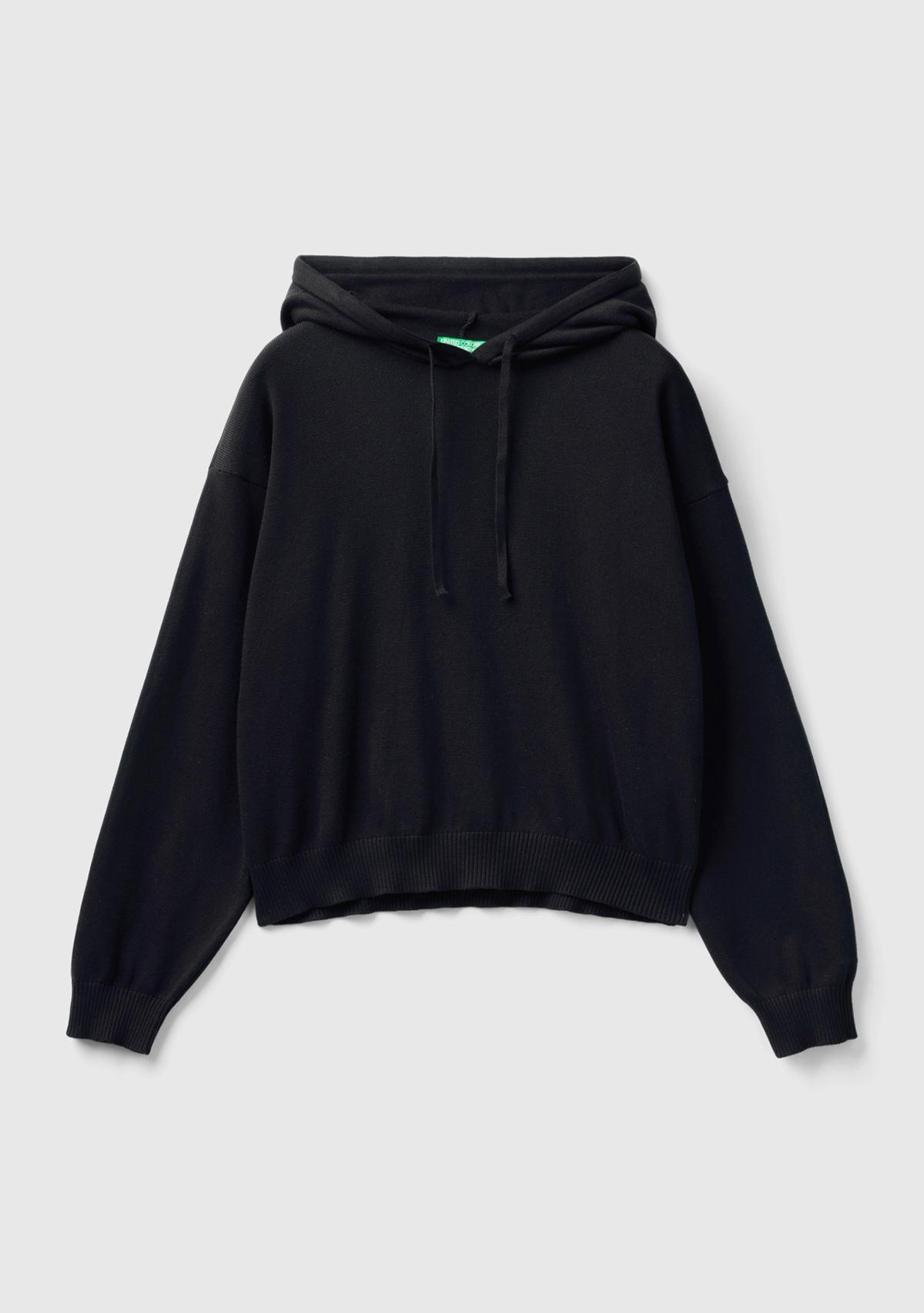 Kadın Siyah %100 Pamuk Kapüşonlu Büzgülü Crop Basic Triko Sweatshirt