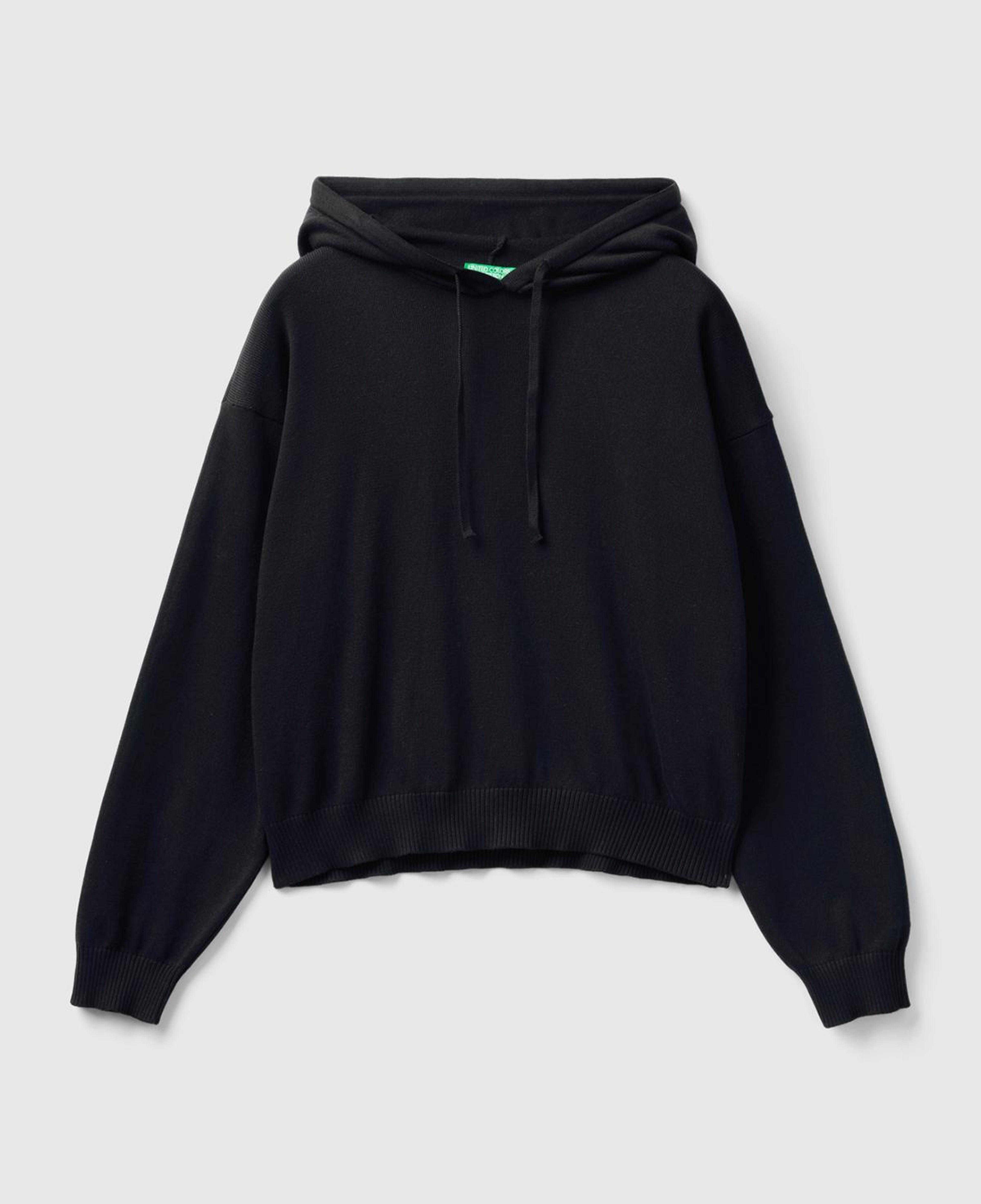 Kadın Siyah %100 Pamuk Kapüşonlu Büzgülü Crop Basic Triko Sweatshirt