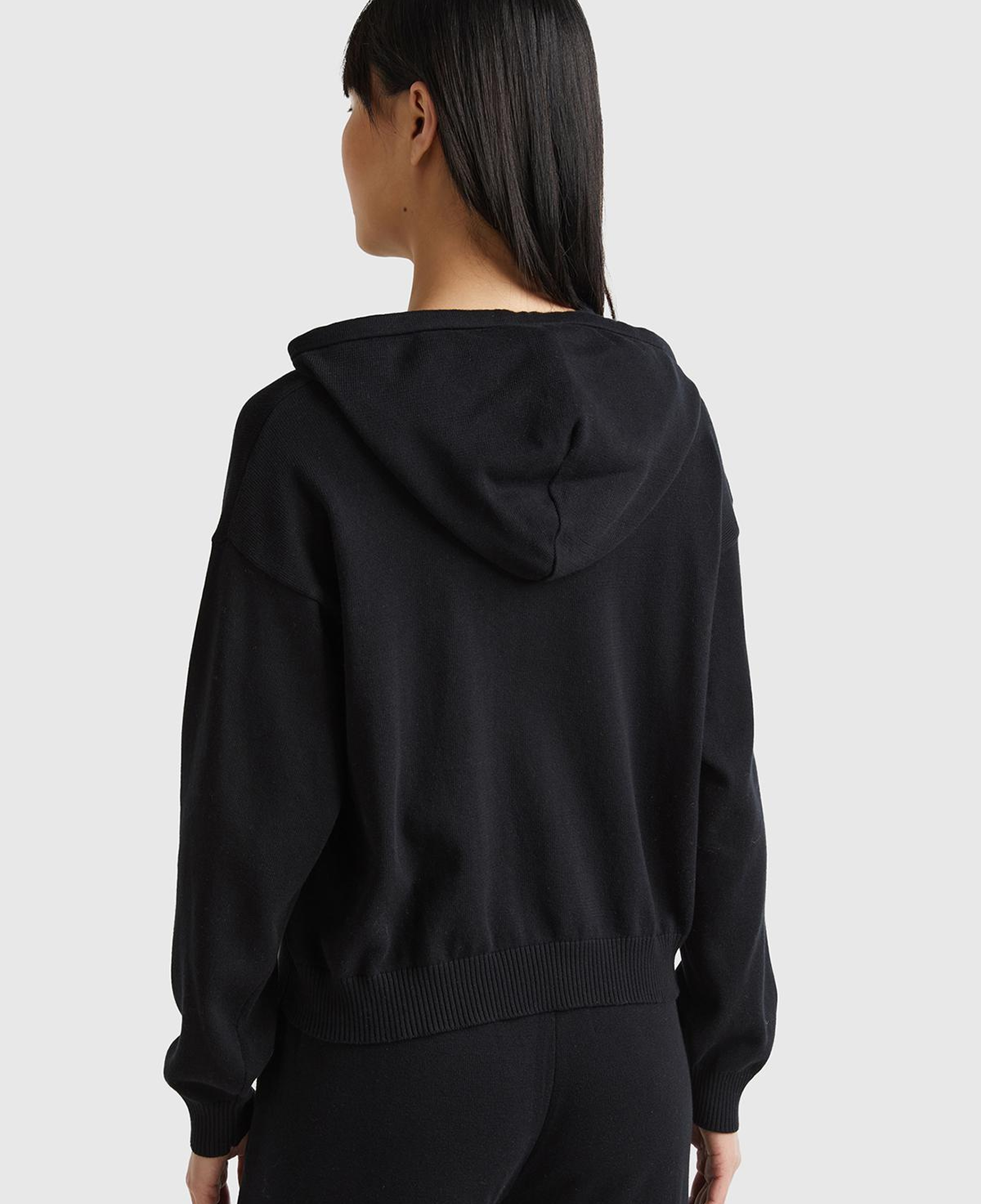 Kadın Siyah %100 Pamuk Kapüşonlu Büzgülü Crop Basic Triko Sweatshirt