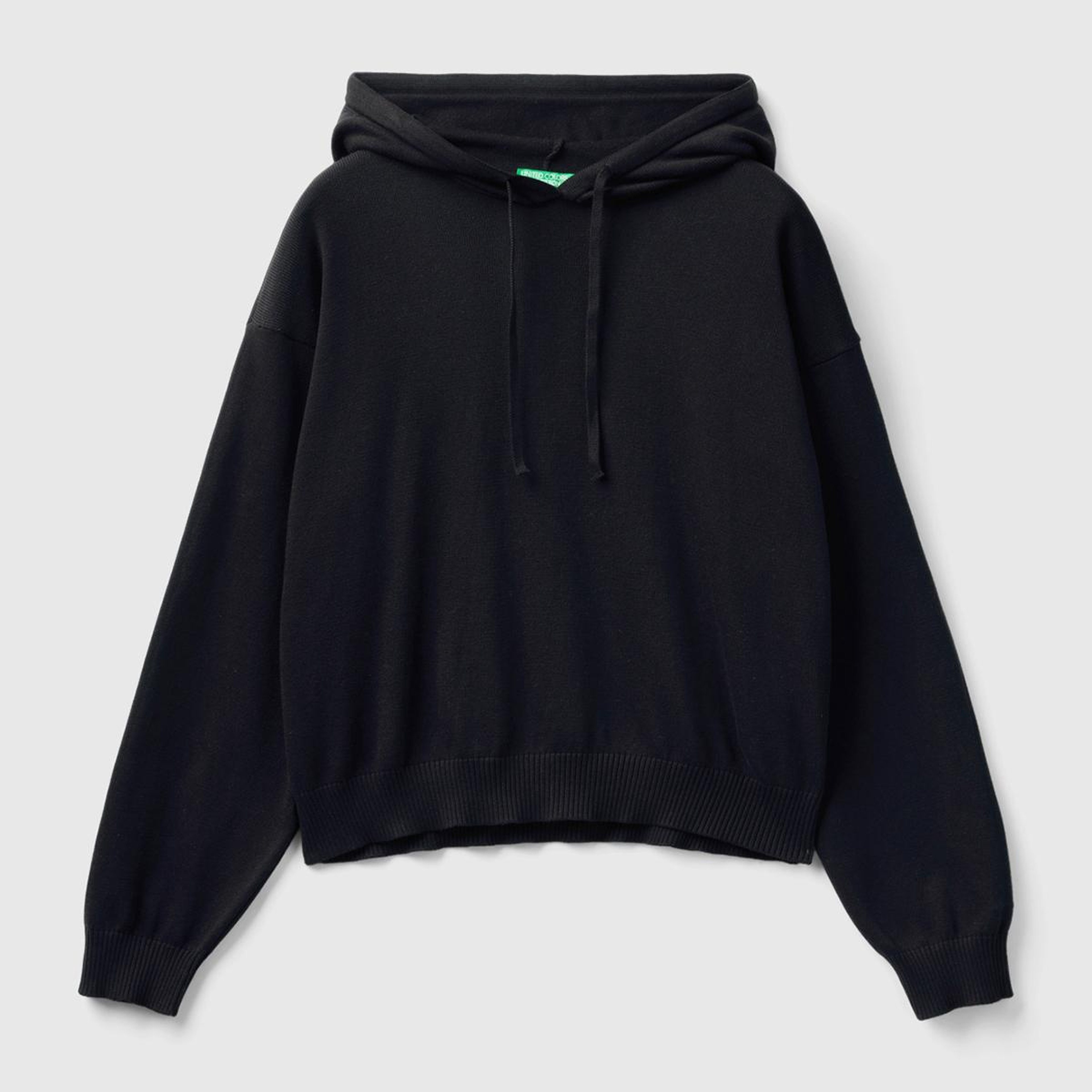 Kadın Siyah %100 Pamuk Kapüşonlu Büzgülü Crop Basic Triko Sweatshirt